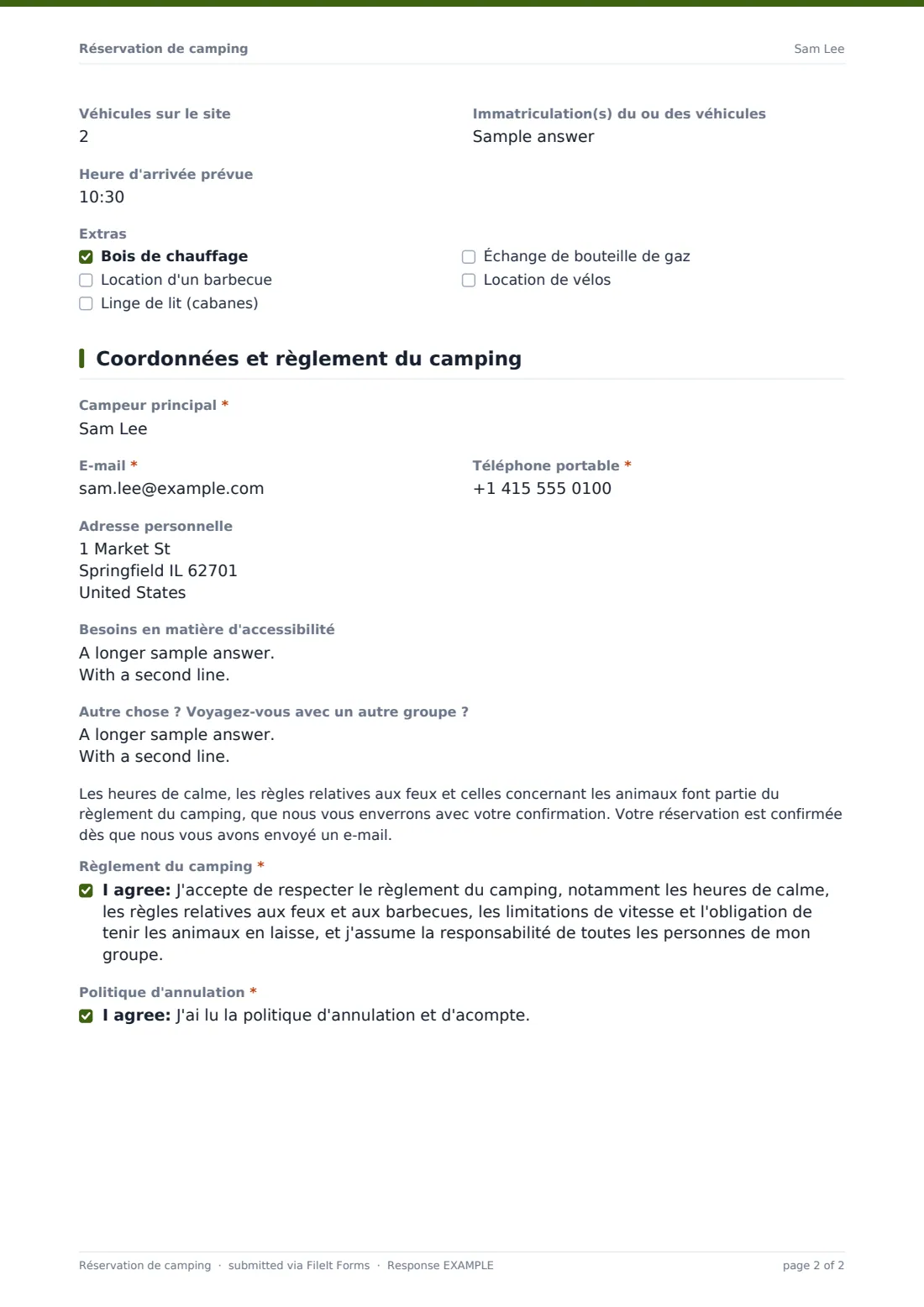 Réservation de camping — exemple de réponse au format PDF, page 2 sur 2