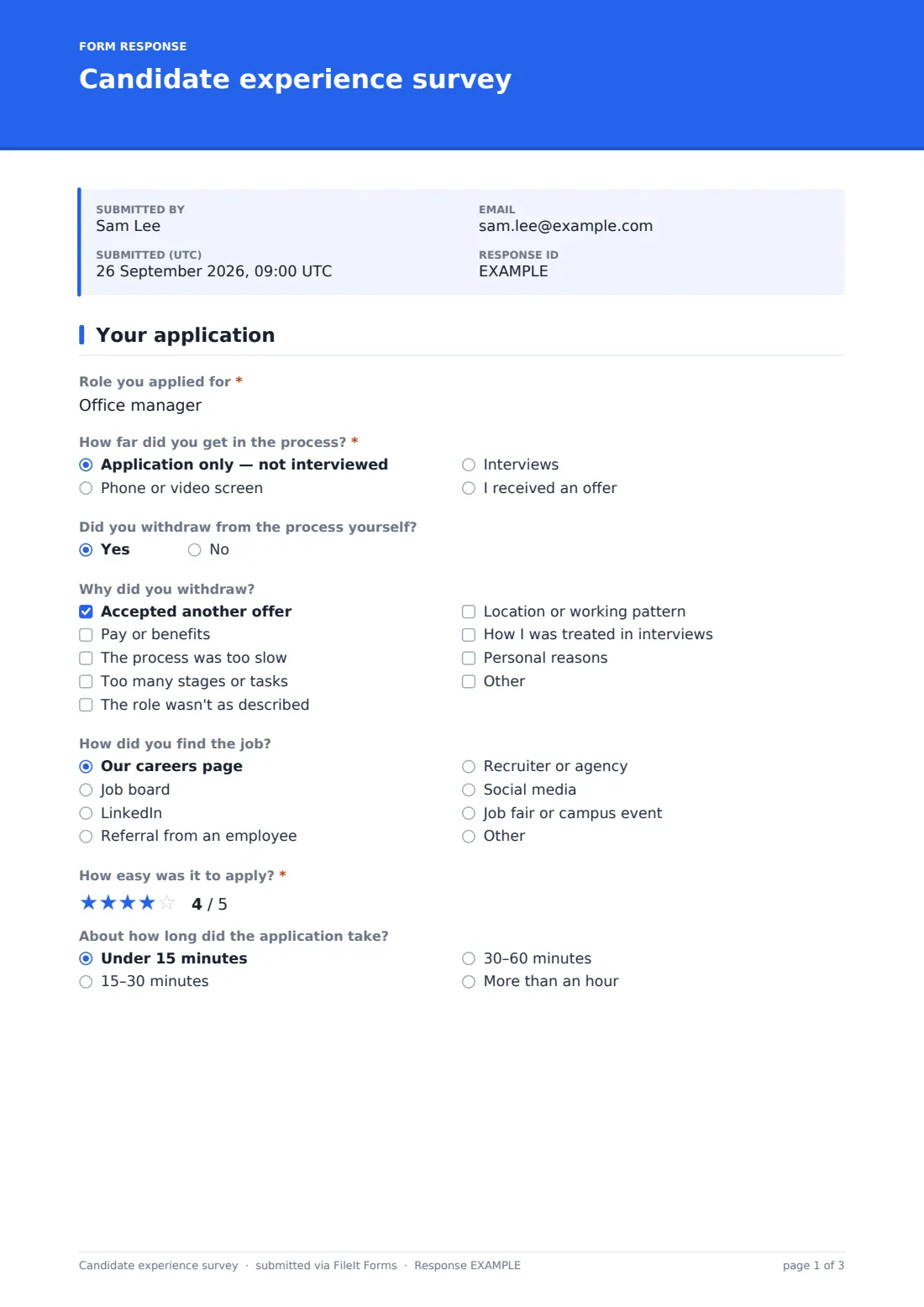 Candidate experience survey — example response PDF, page 1 of 3