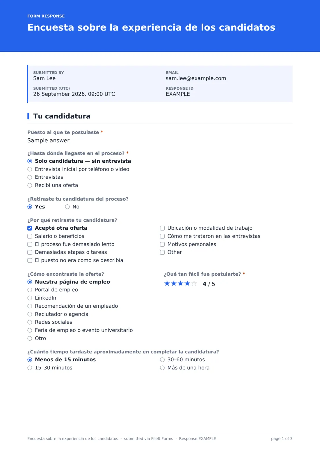 Encuesta sobre la experiencia de los candidatos — PDF de respuesta de ejemplo, página 1 de 3