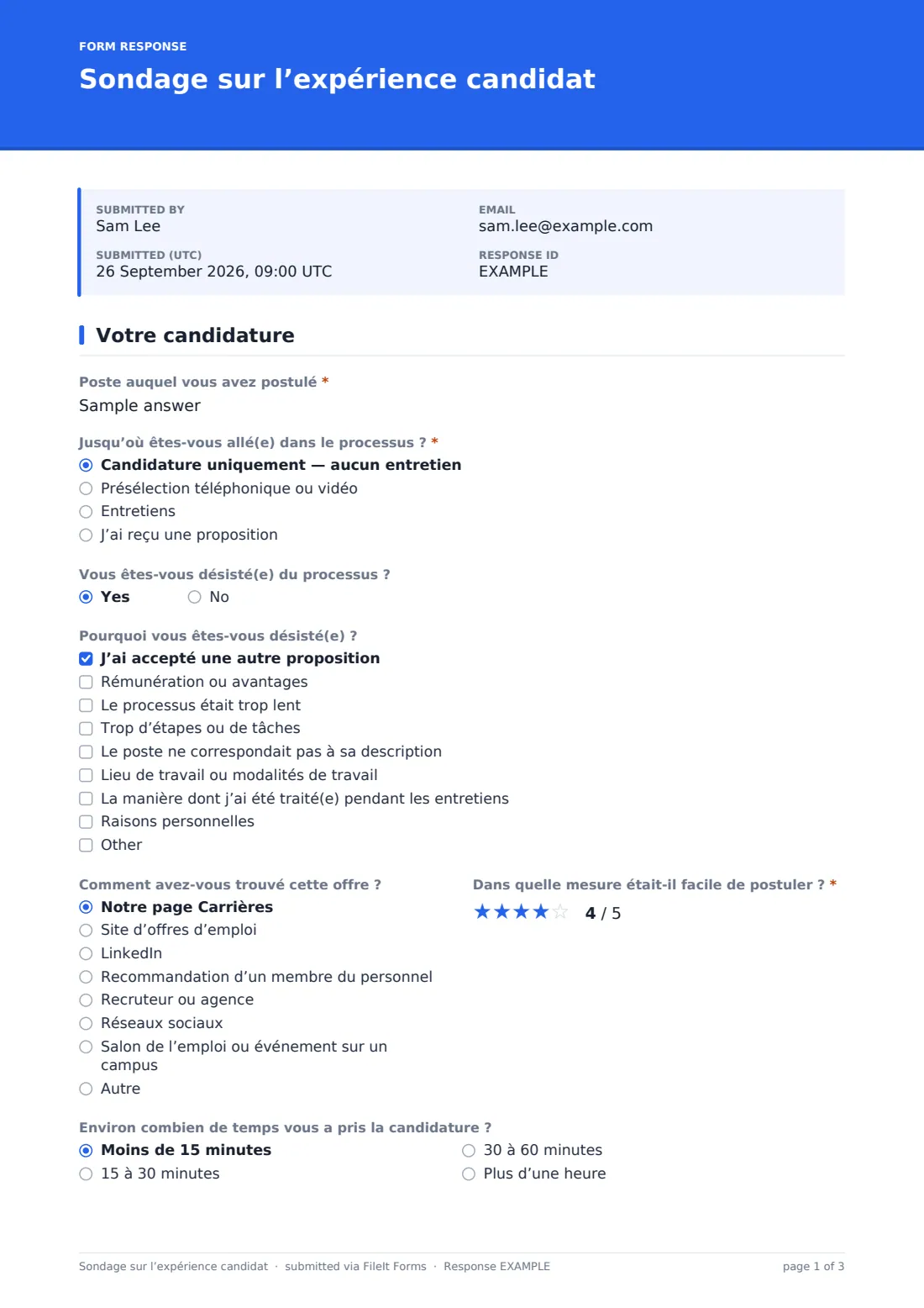 Sondage sur l’expérience candidat — exemple de réponse au format PDF, page 1 sur 3