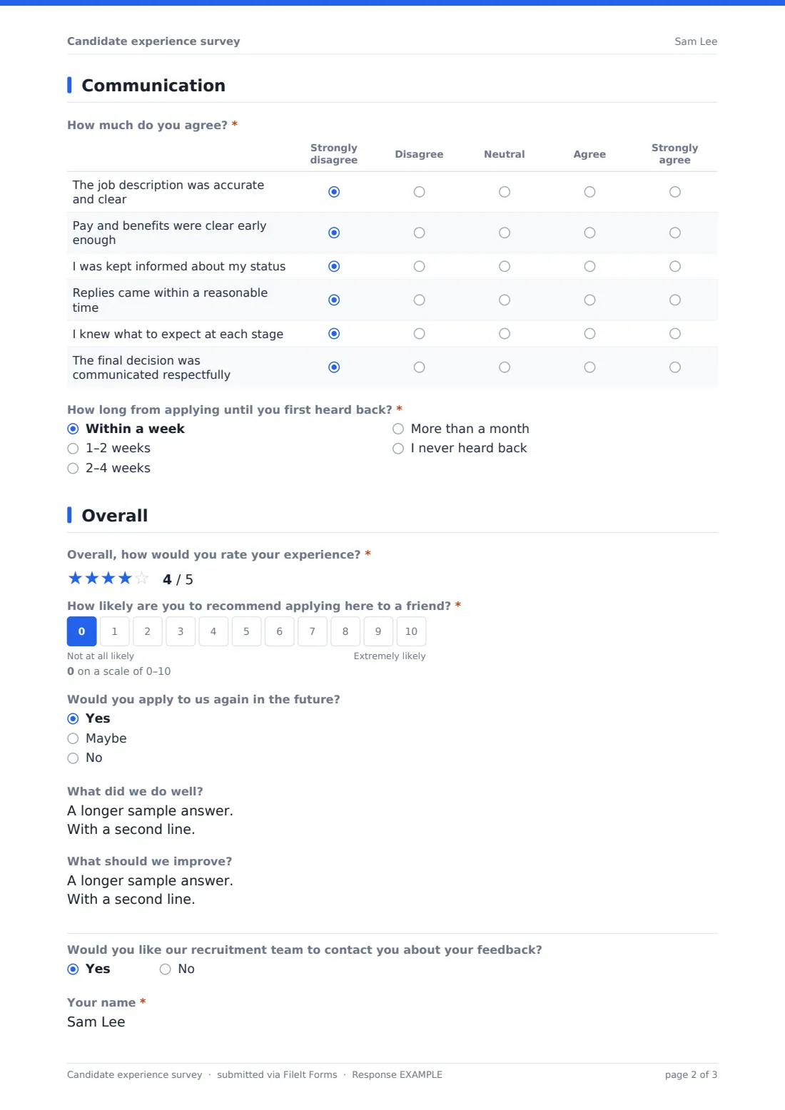 Candidate experience survey — example response PDF, page 2 of 3