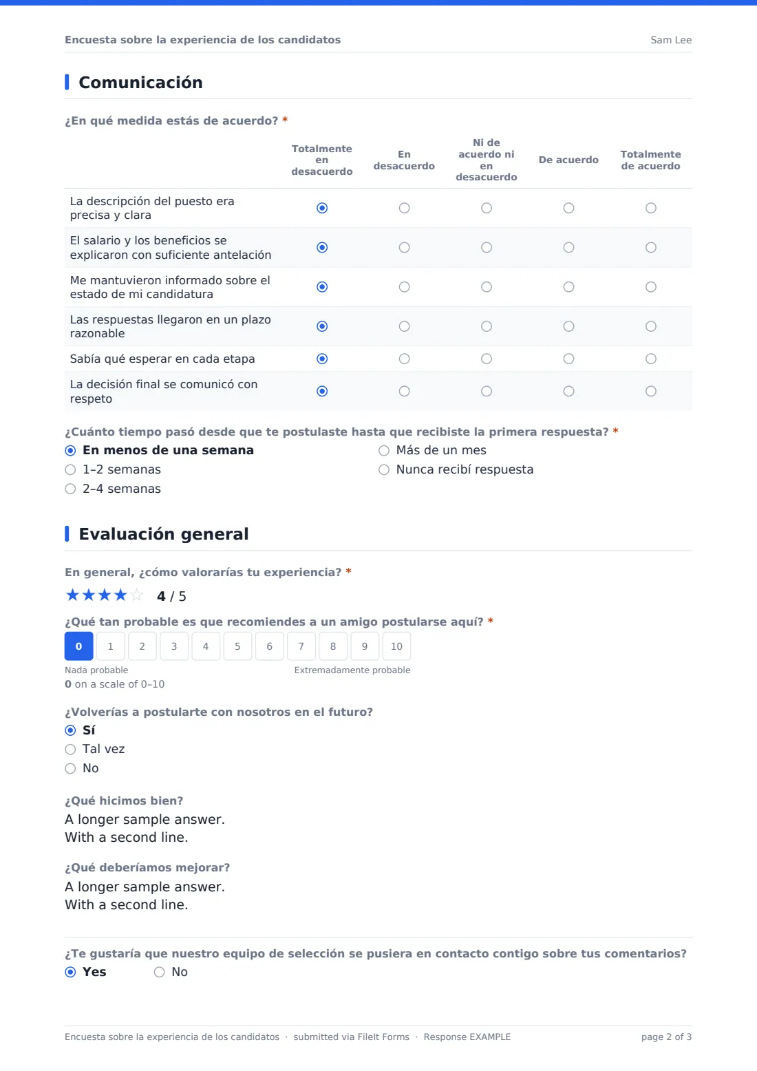 Encuesta sobre la experiencia de los candidatos — PDF de respuesta de ejemplo, página 2 de 3