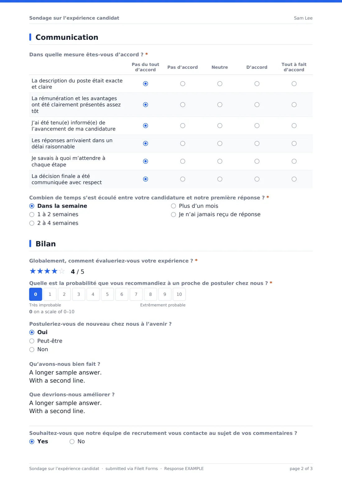 Sondage sur l’expérience candidat — exemple de réponse au format PDF, page 2 sur 3