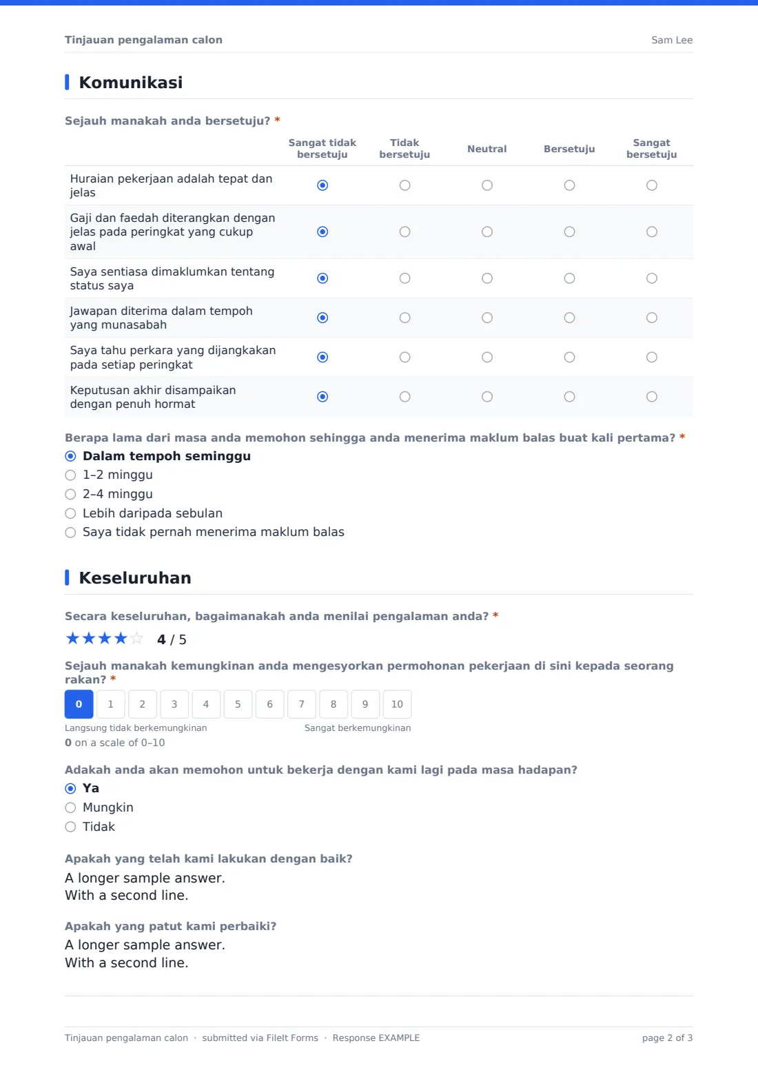Tinjauan pengalaman calon — PDF respons contoh, halaman 2 daripada 3