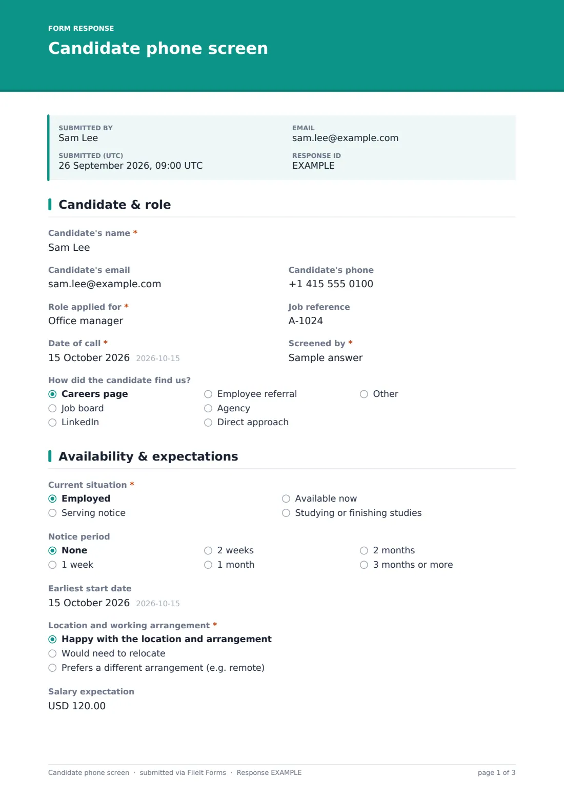 Candidate phone screen — example response PDF, page 1 of 3