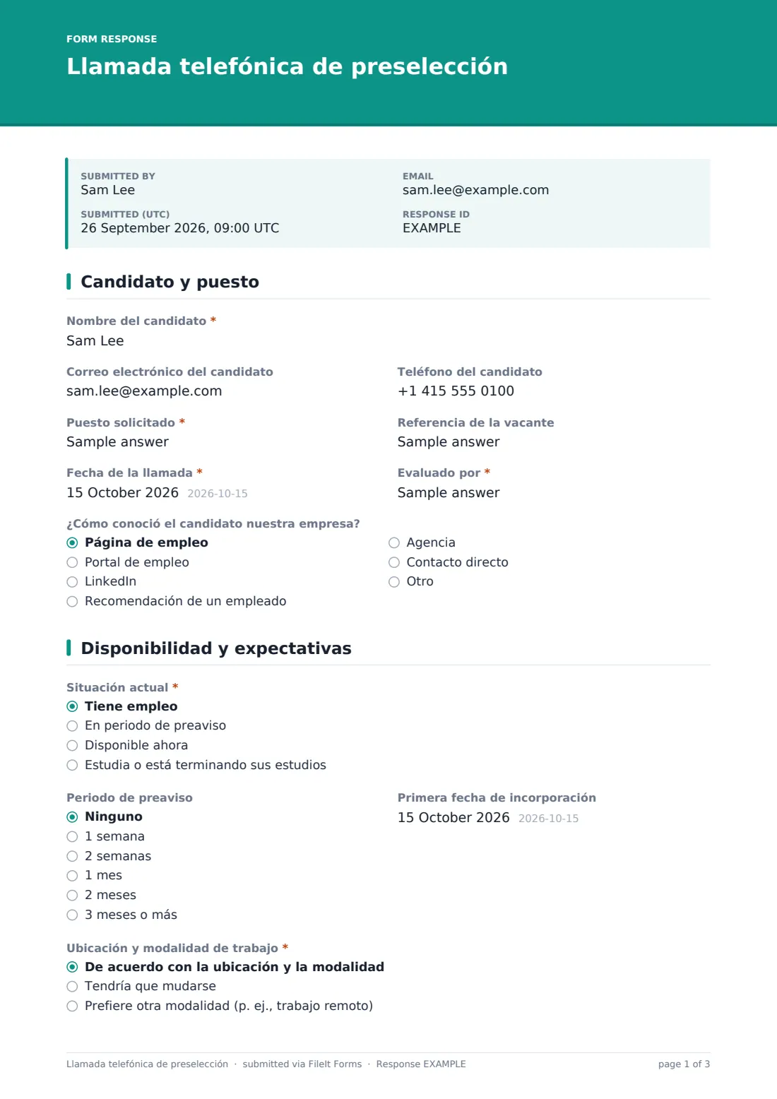 Llamada telefónica de preselección — PDF de respuesta de ejemplo, página 1 de 3