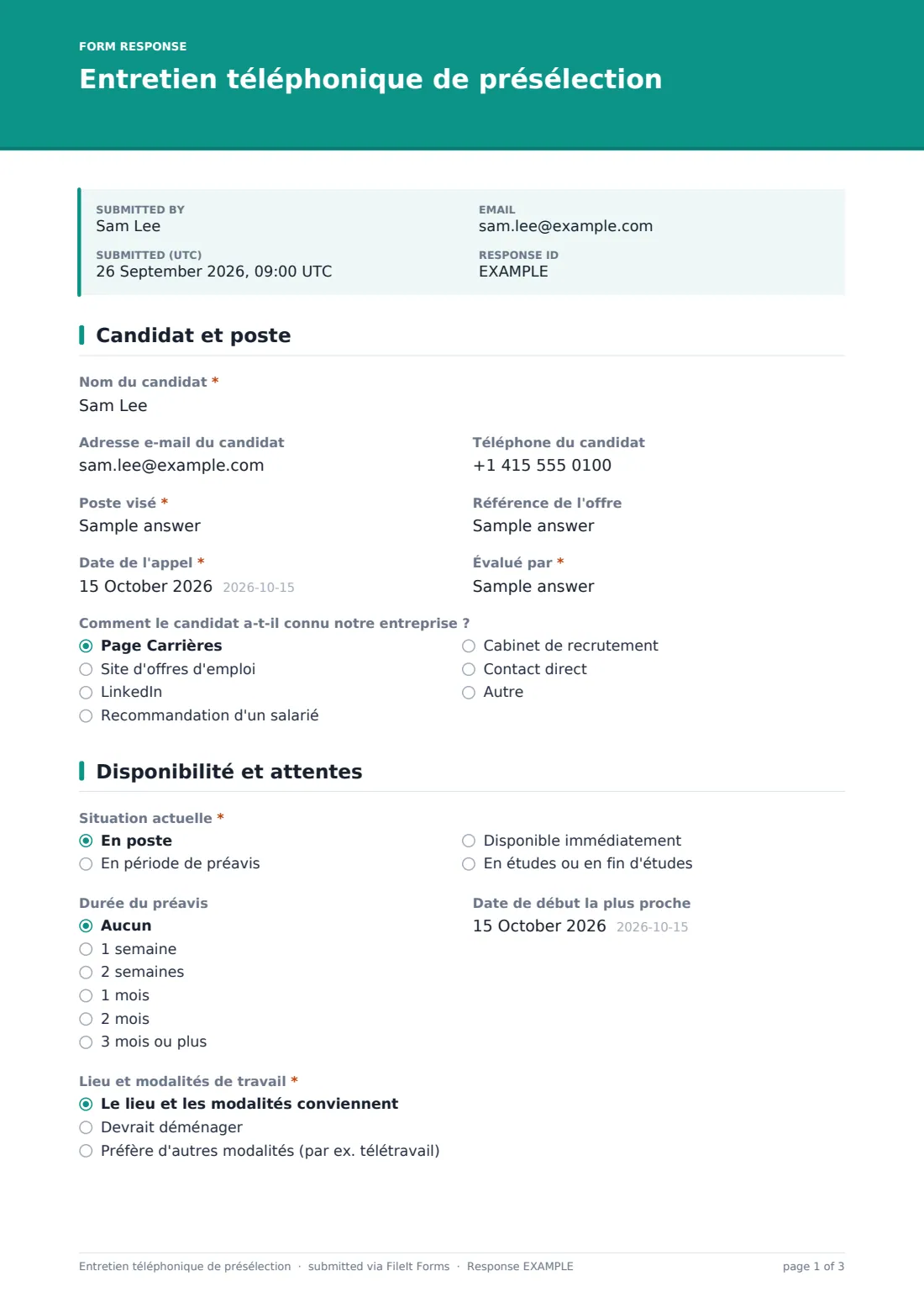 Entretien téléphonique de présélection — exemple de réponse au format PDF, page 1 sur 3