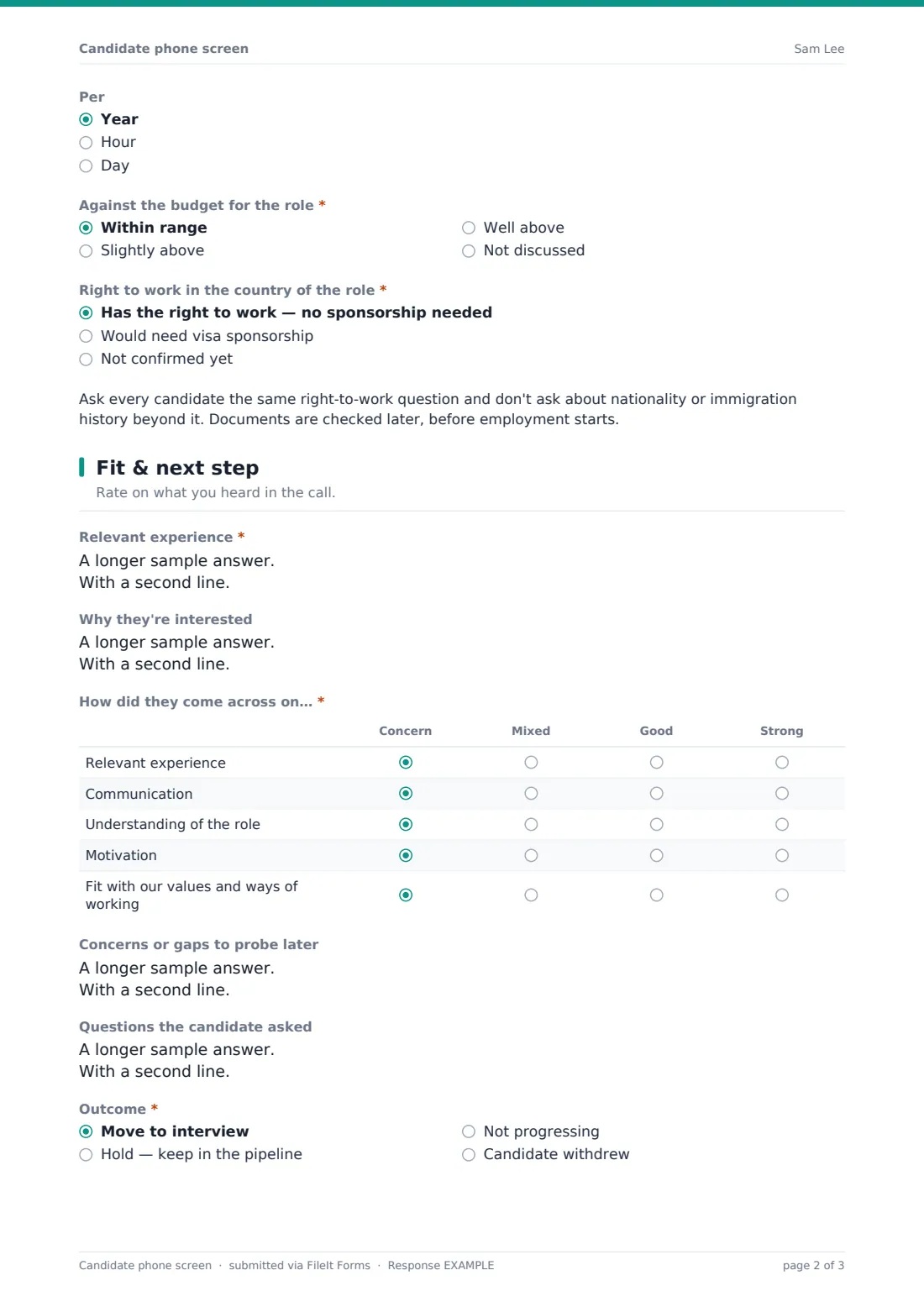 Candidate phone screen — example response PDF, page 2 of 3