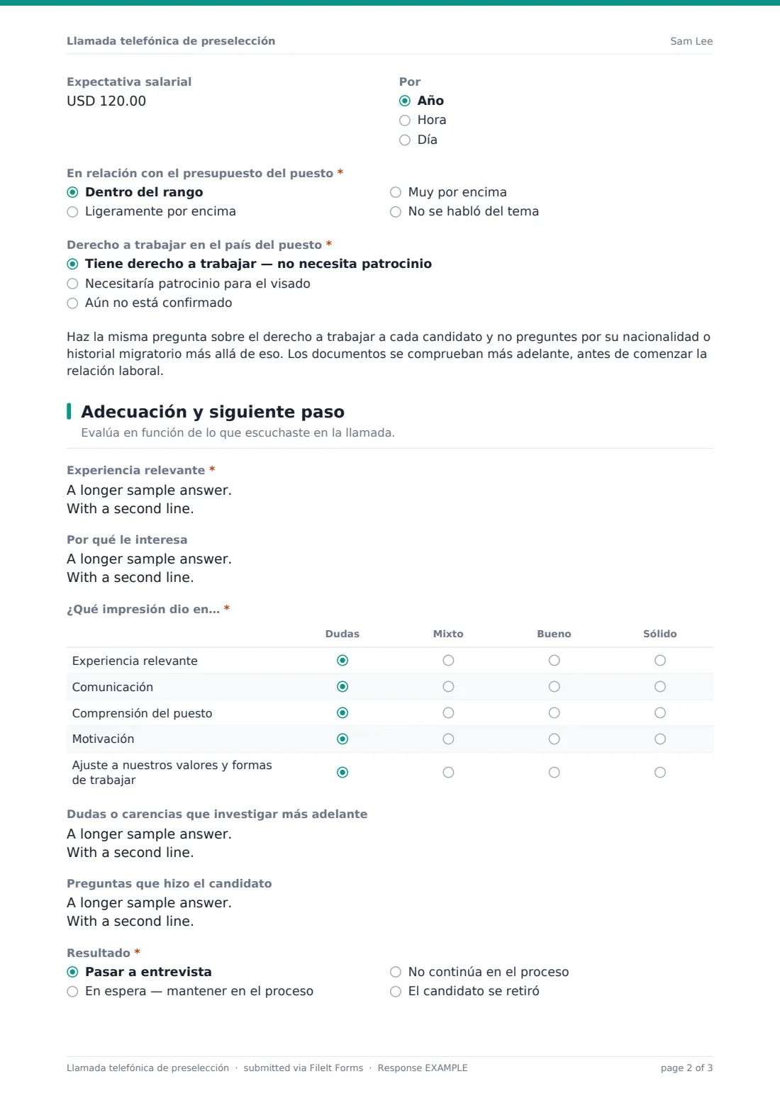 Llamada telefónica de preselección — PDF de respuesta de ejemplo, página 2 de 3