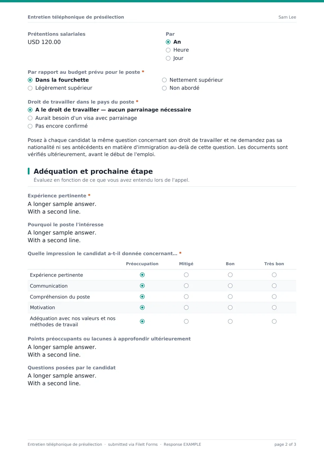 Entretien téléphonique de présélection — exemple de réponse au format PDF, page 2 sur 3