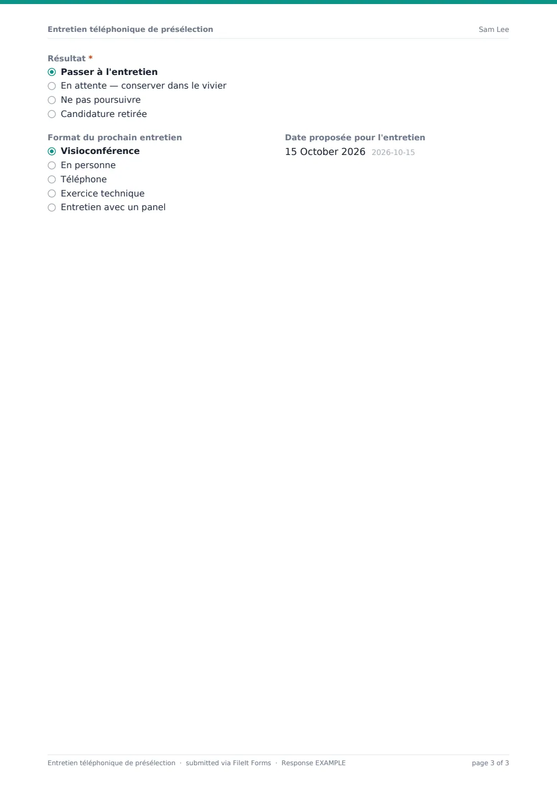 Entretien téléphonique de présélection — exemple de réponse au format PDF, page 3 sur 3