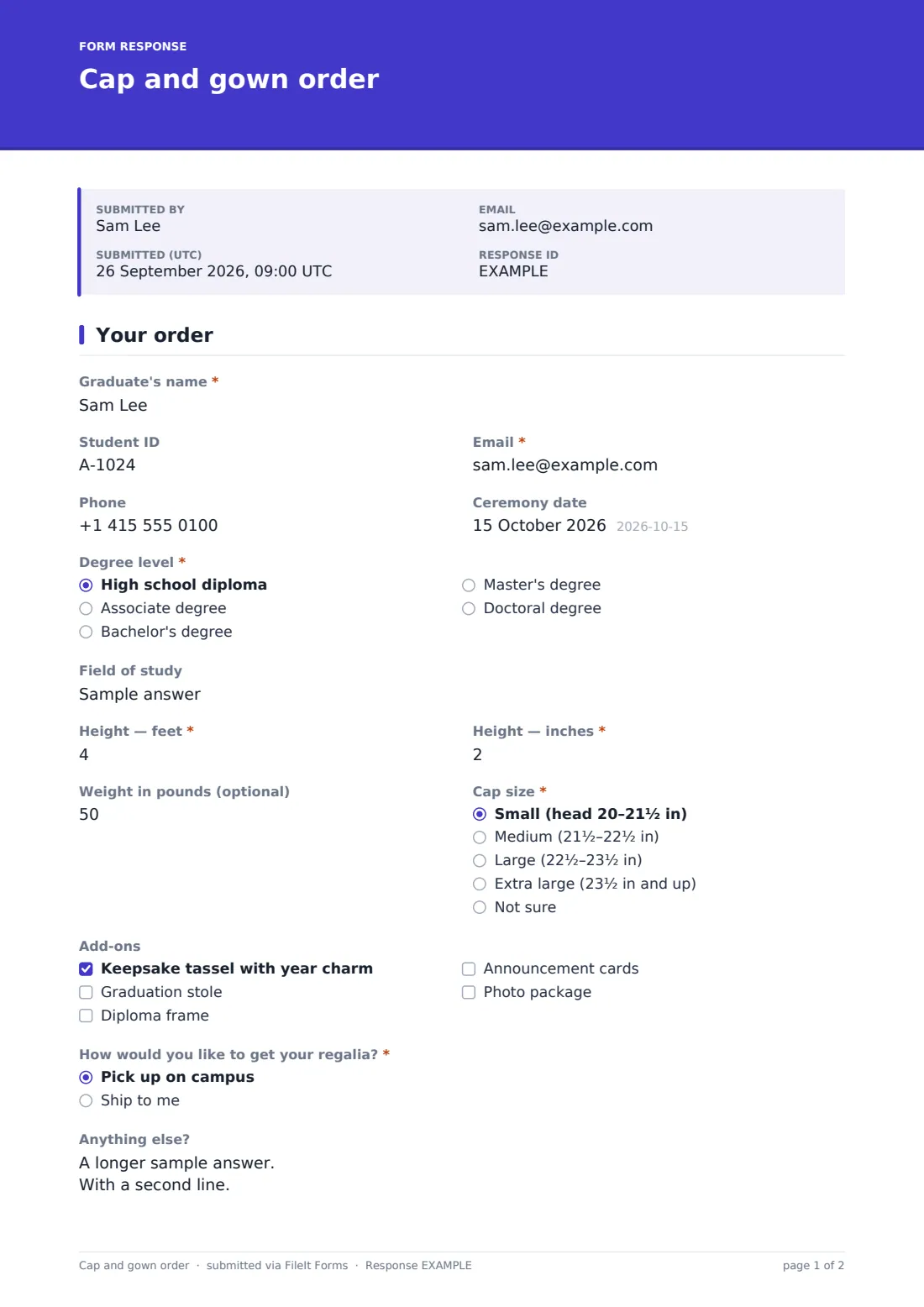 Cap and gown order — example response PDF, page 1 of 2