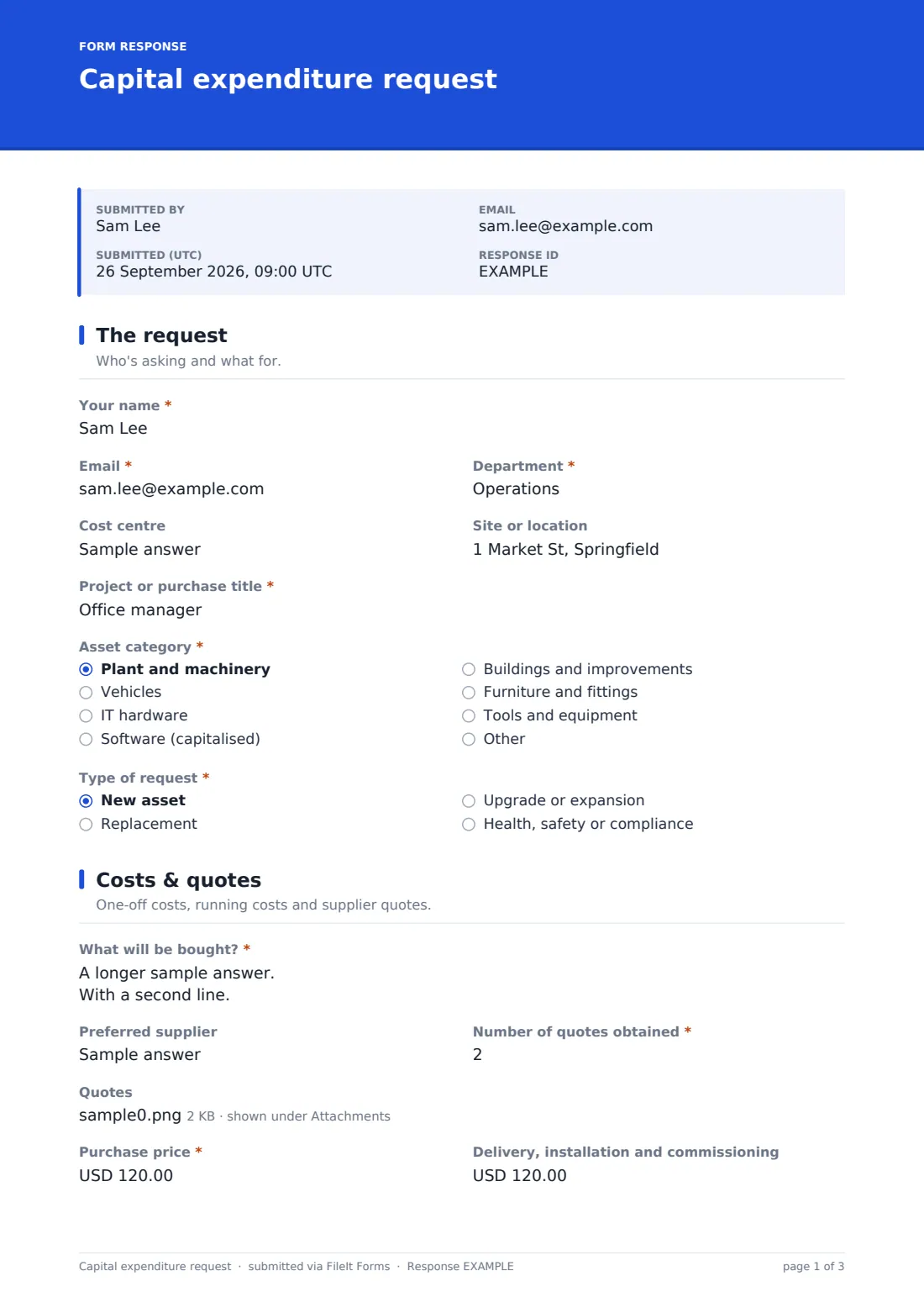 Capital expenditure request — example response PDF, page 1 of 3