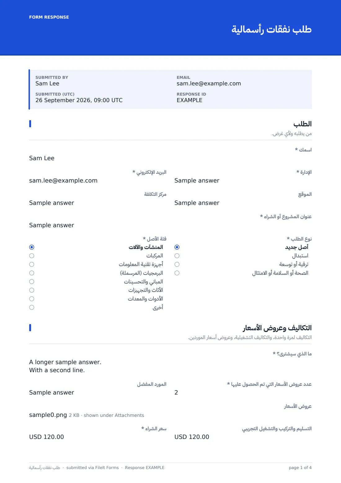 طلب نفقات رأسمالية — ملف PDF لرد نموذجي، الصفحة 1 من 4