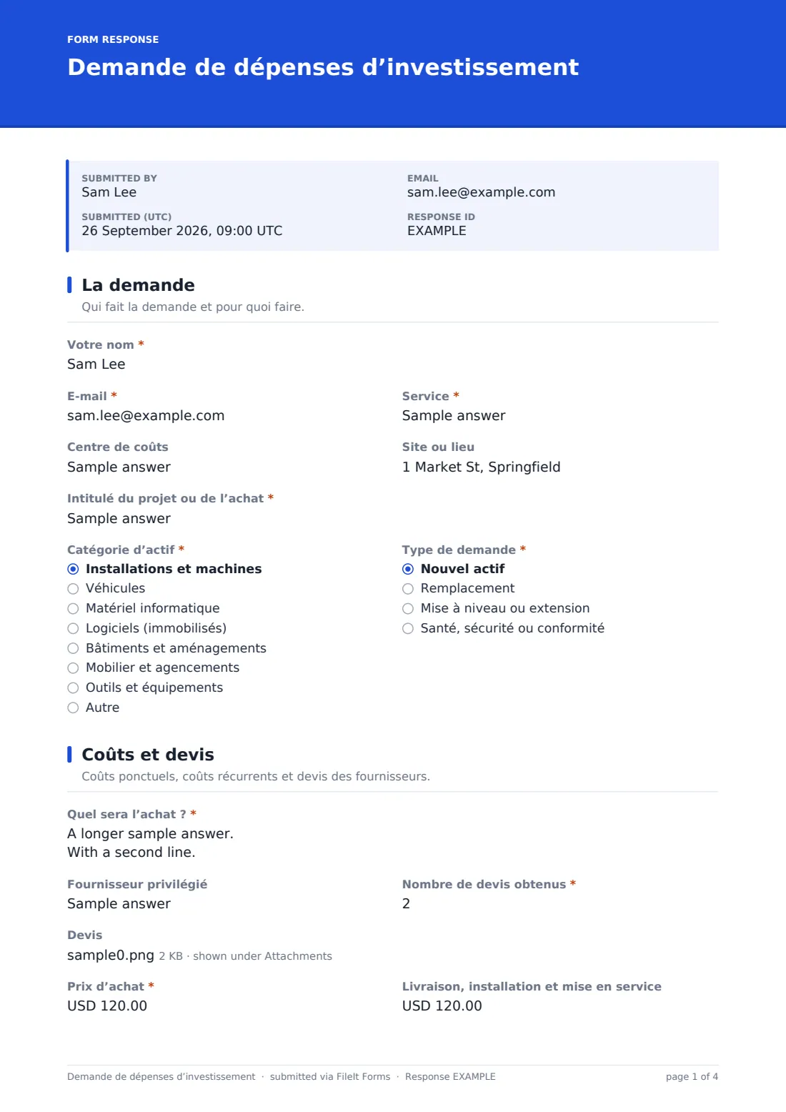 Demande de dépenses d’investissement — exemple de réponse au format PDF, page 1 sur 4