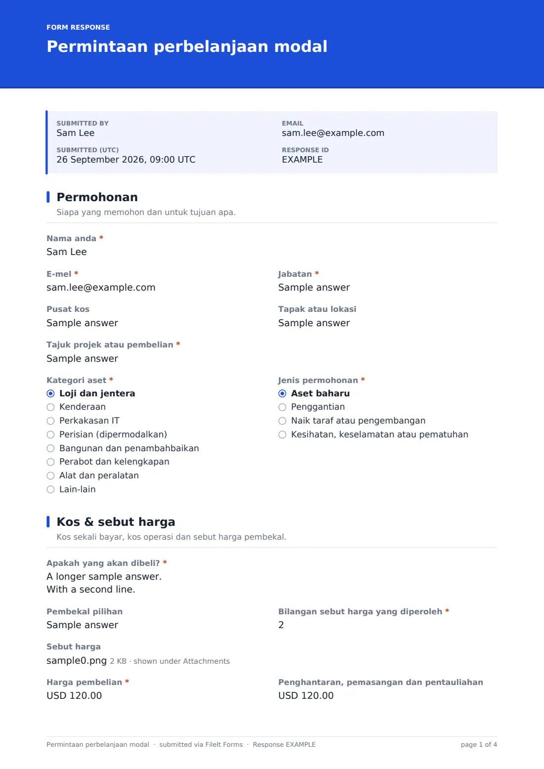 Permintaan perbelanjaan modal — PDF respons contoh, halaman 1 daripada 4