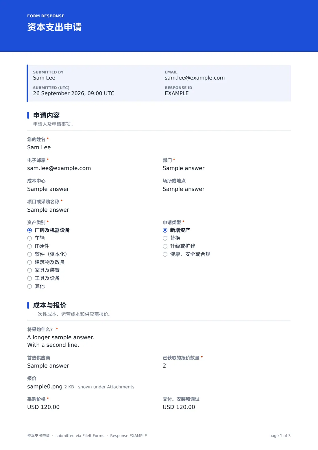 资本支出申请 — 示例回复 PDF，第 1 页，共 3 页