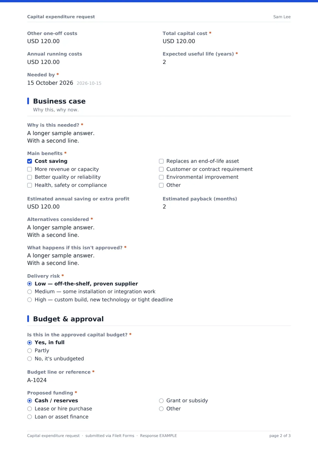 Capital expenditure request — example response PDF, page 2 of 3