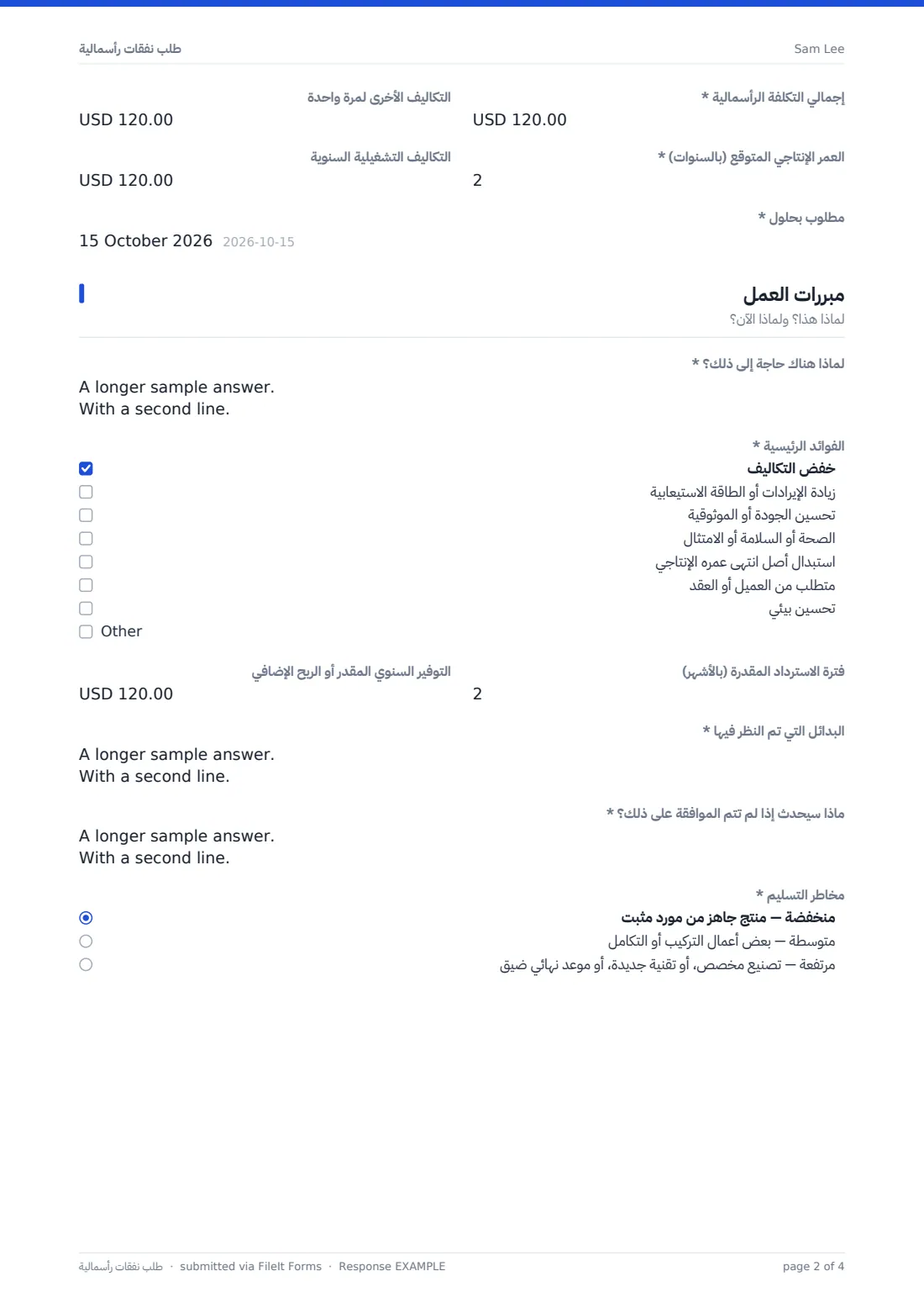 طلب نفقات رأسمالية — ملف PDF لرد نموذجي، الصفحة 2 من 4