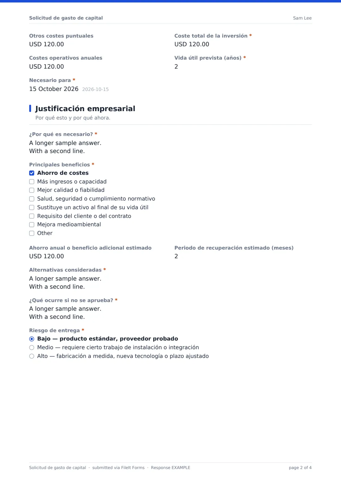 Solicitud de gasto de capital — PDF de respuesta de ejemplo, página 2 de 4