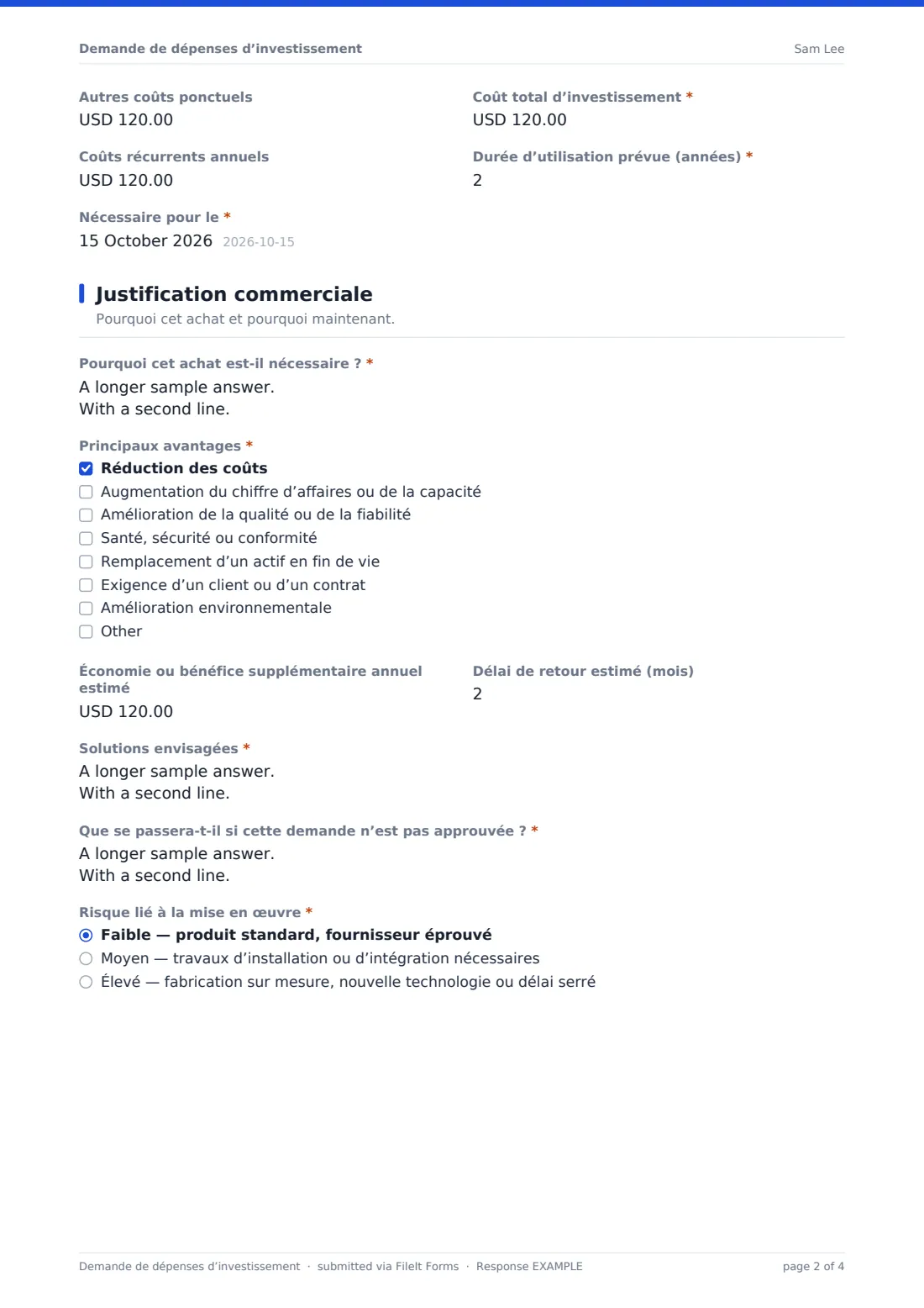 Demande de dépenses d’investissement — exemple de réponse au format PDF, page 2 sur 4