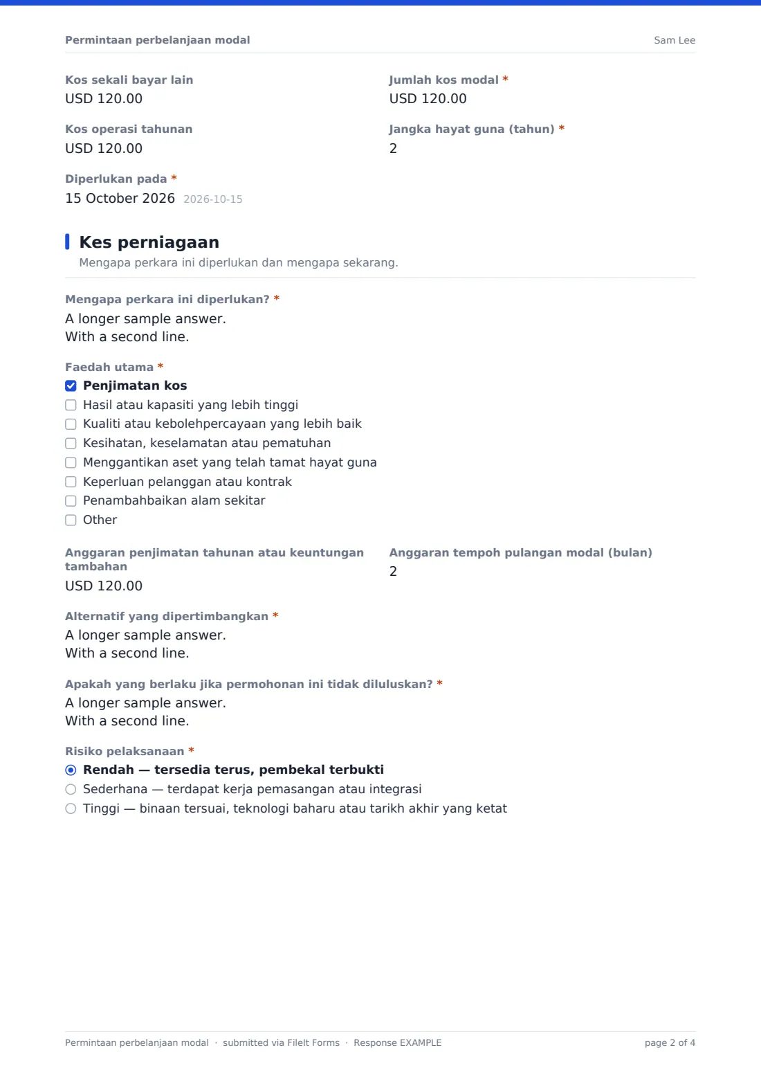 Permintaan perbelanjaan modal — PDF respons contoh, halaman 2 daripada 4