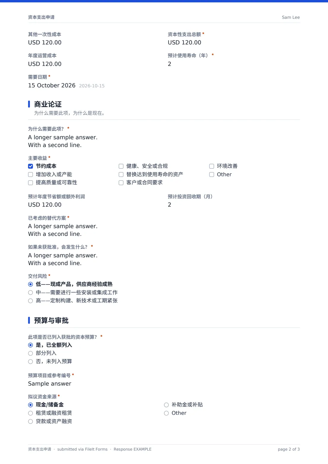 资本支出申请 — 示例回复 PDF，第 2 页，共 3 页