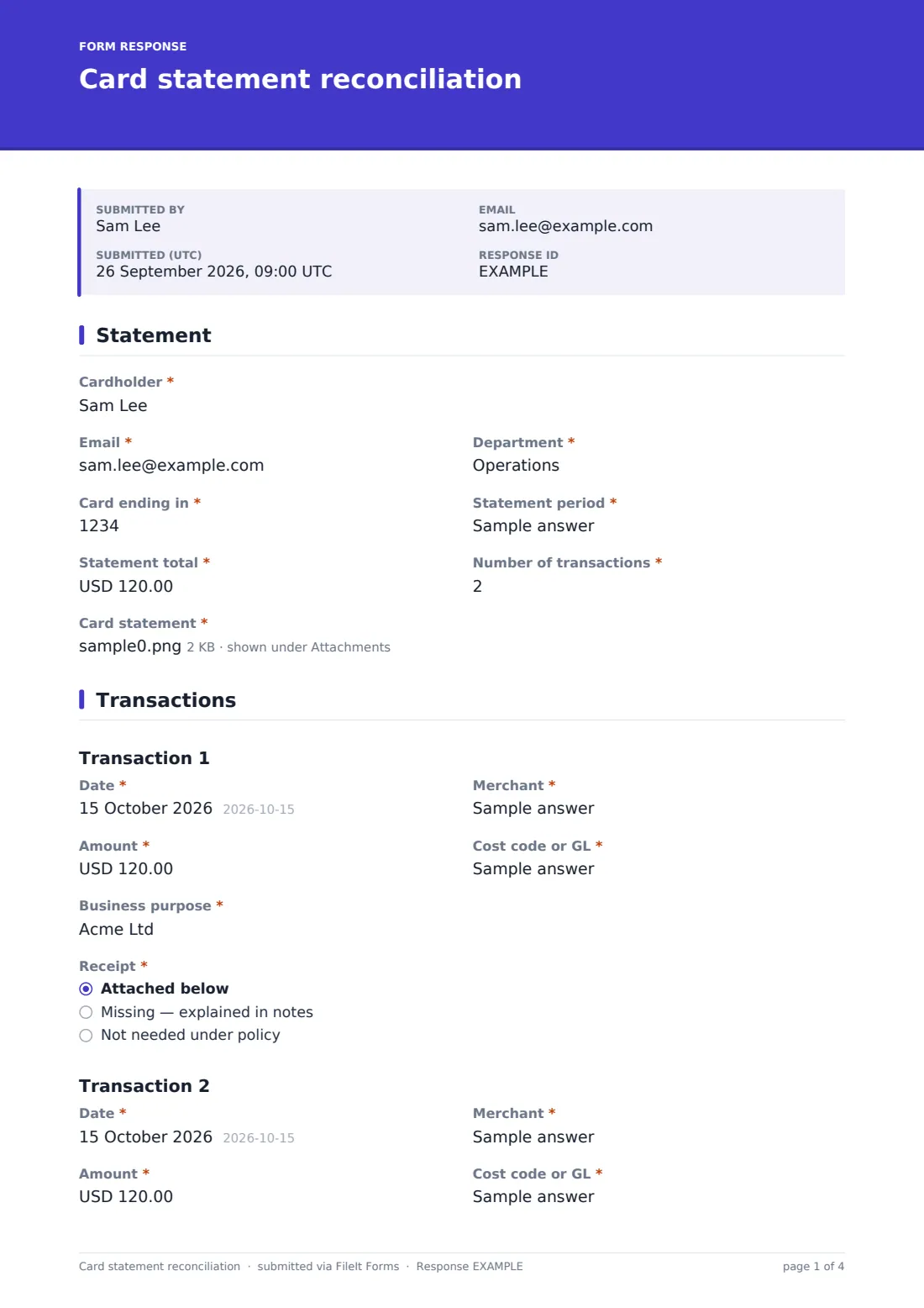 Card statement reconciliation — example response PDF, page 1 of 4