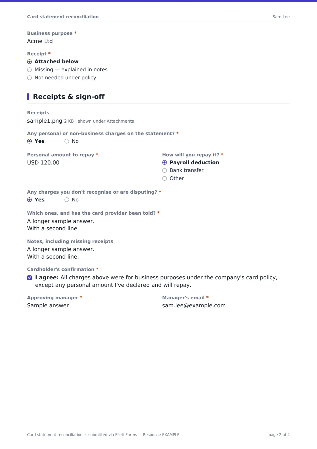 Card statement reconciliation — example response PDF, page 2 of 4