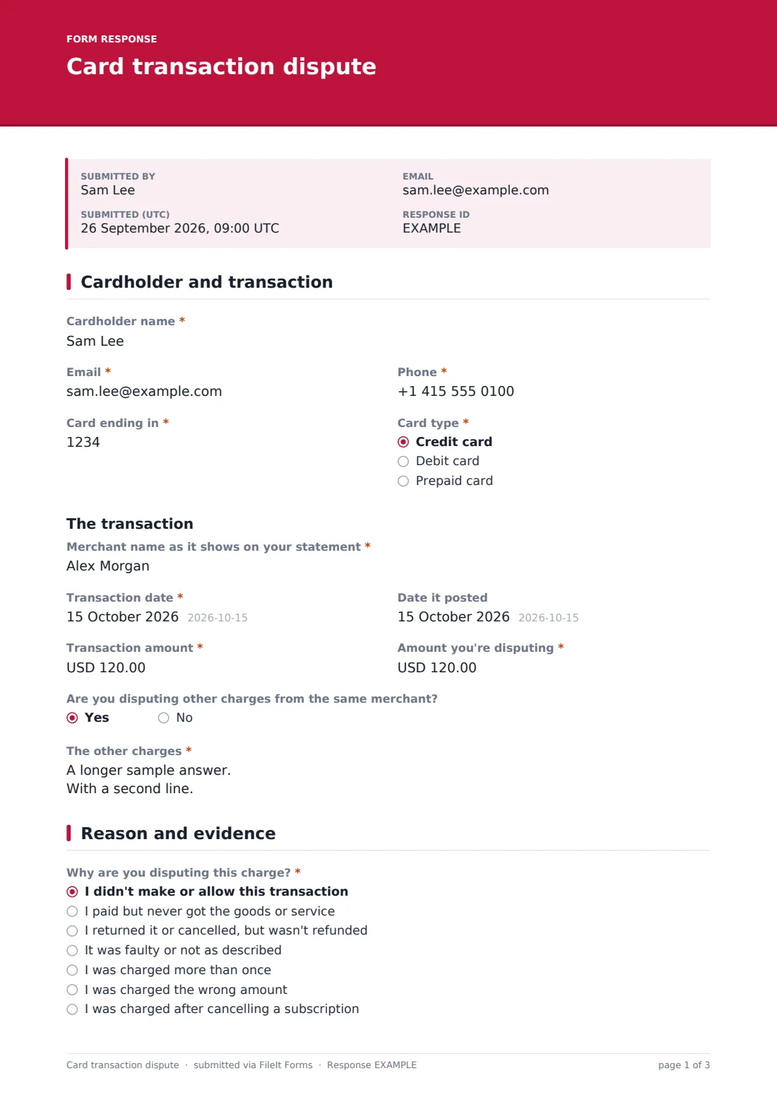 Card transaction dispute — example response PDF, page 1 of 3