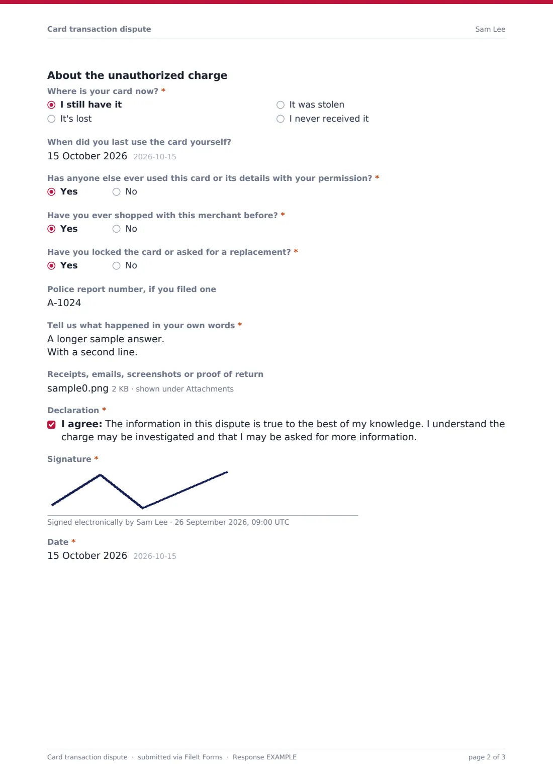 Card transaction dispute — example response PDF, page 2 of 3