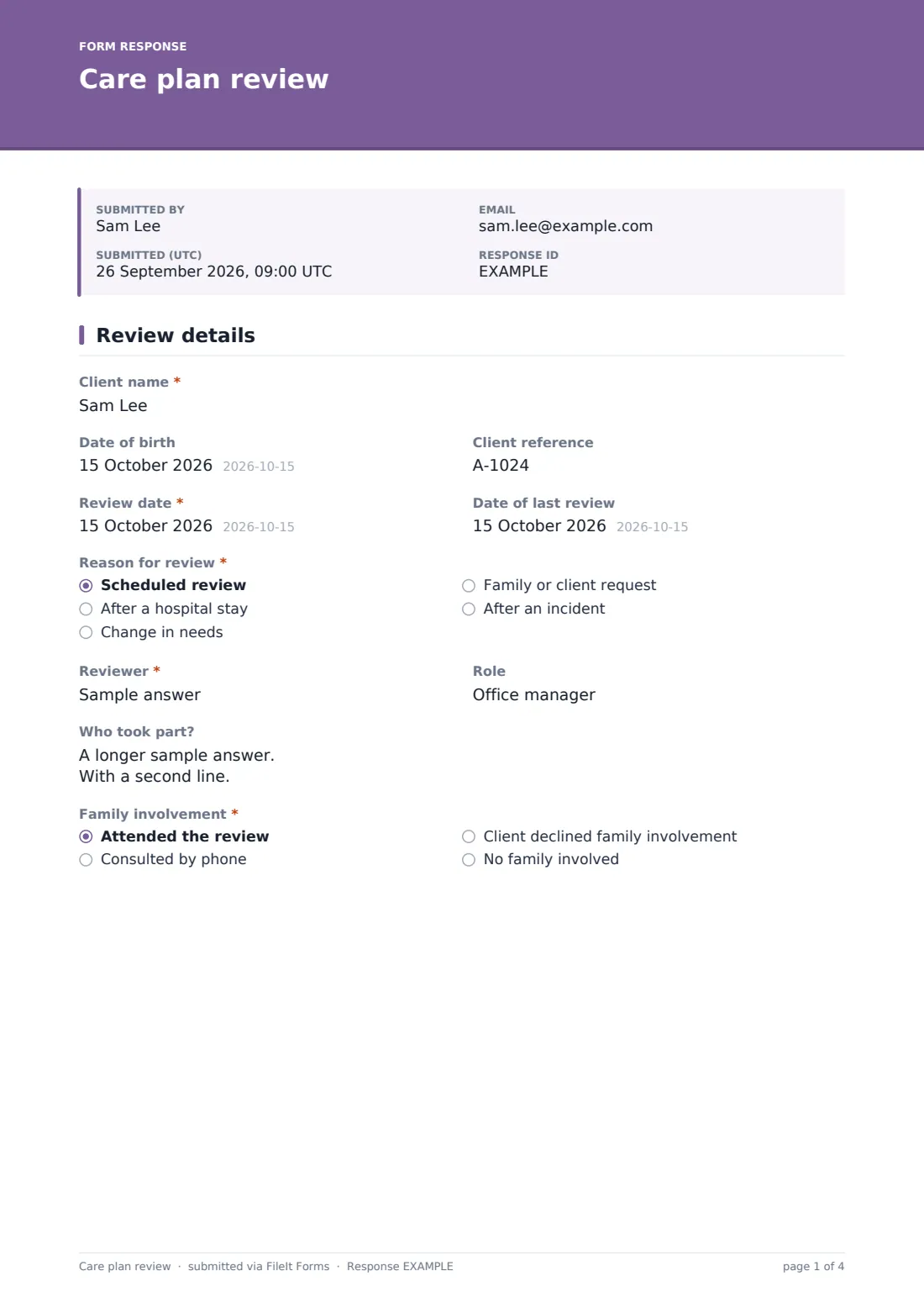 Care plan review — example response PDF, page 1 of 4
