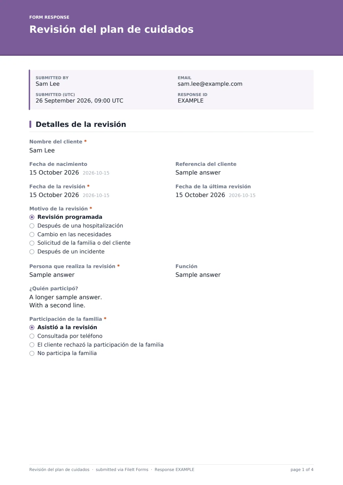 Revisión del plan de cuidados — PDF de respuesta de ejemplo, página 1 de 4