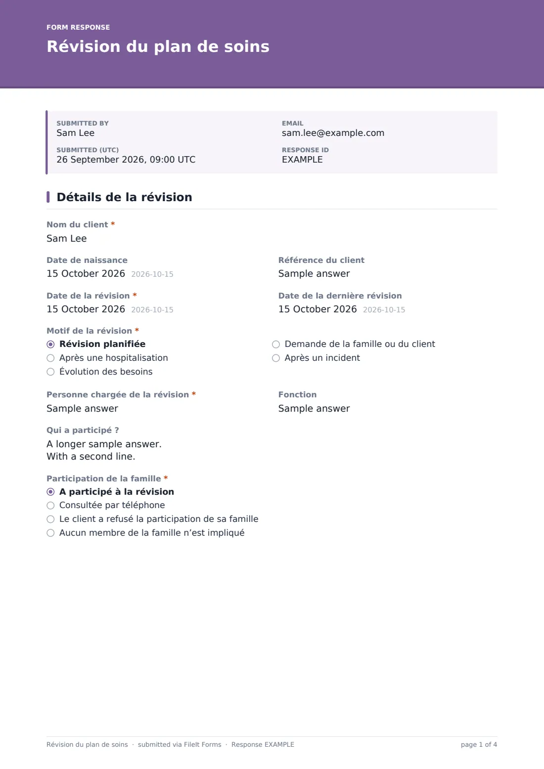 Révision du plan de soins — exemple de réponse au format PDF, page 1 sur 4