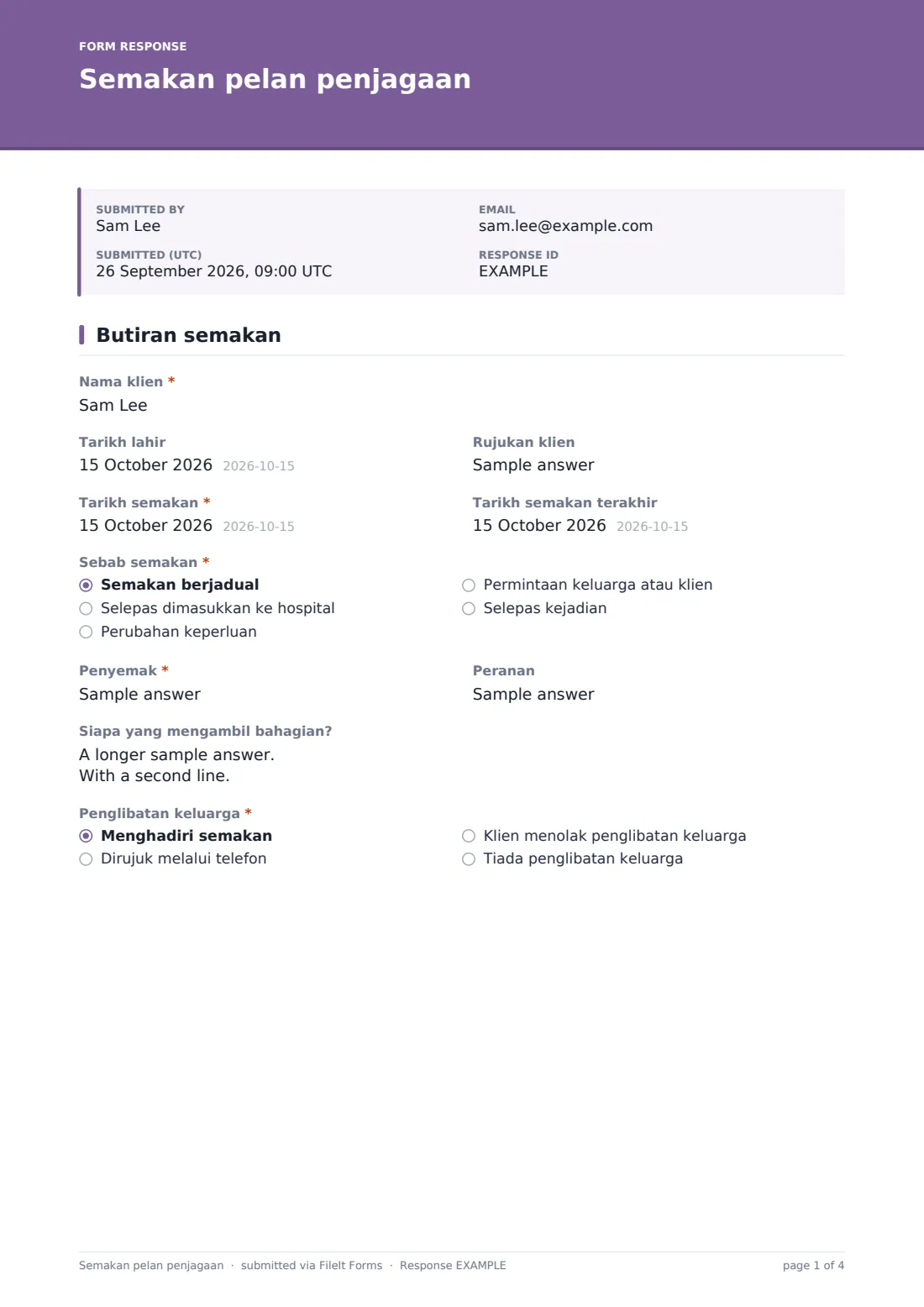 Semakan pelan penjagaan — PDF respons contoh, halaman 1 daripada 4
