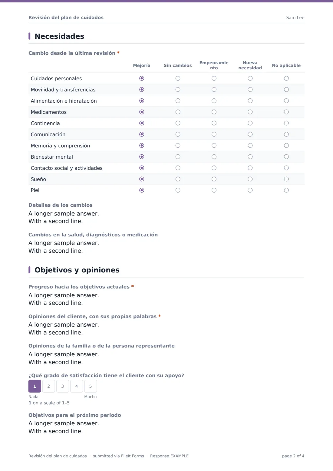 Revisión del plan de cuidados — PDF de respuesta de ejemplo, página 2 de 4