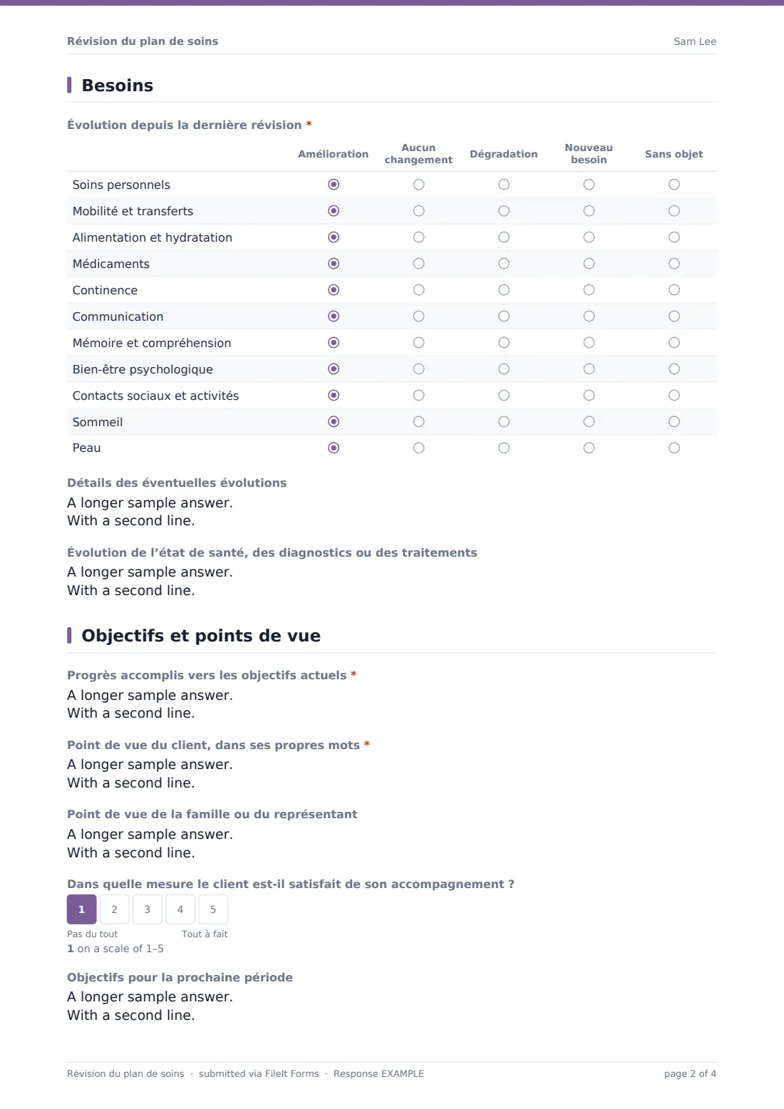 Révision du plan de soins — exemple de réponse au format PDF, page 2 sur 4
