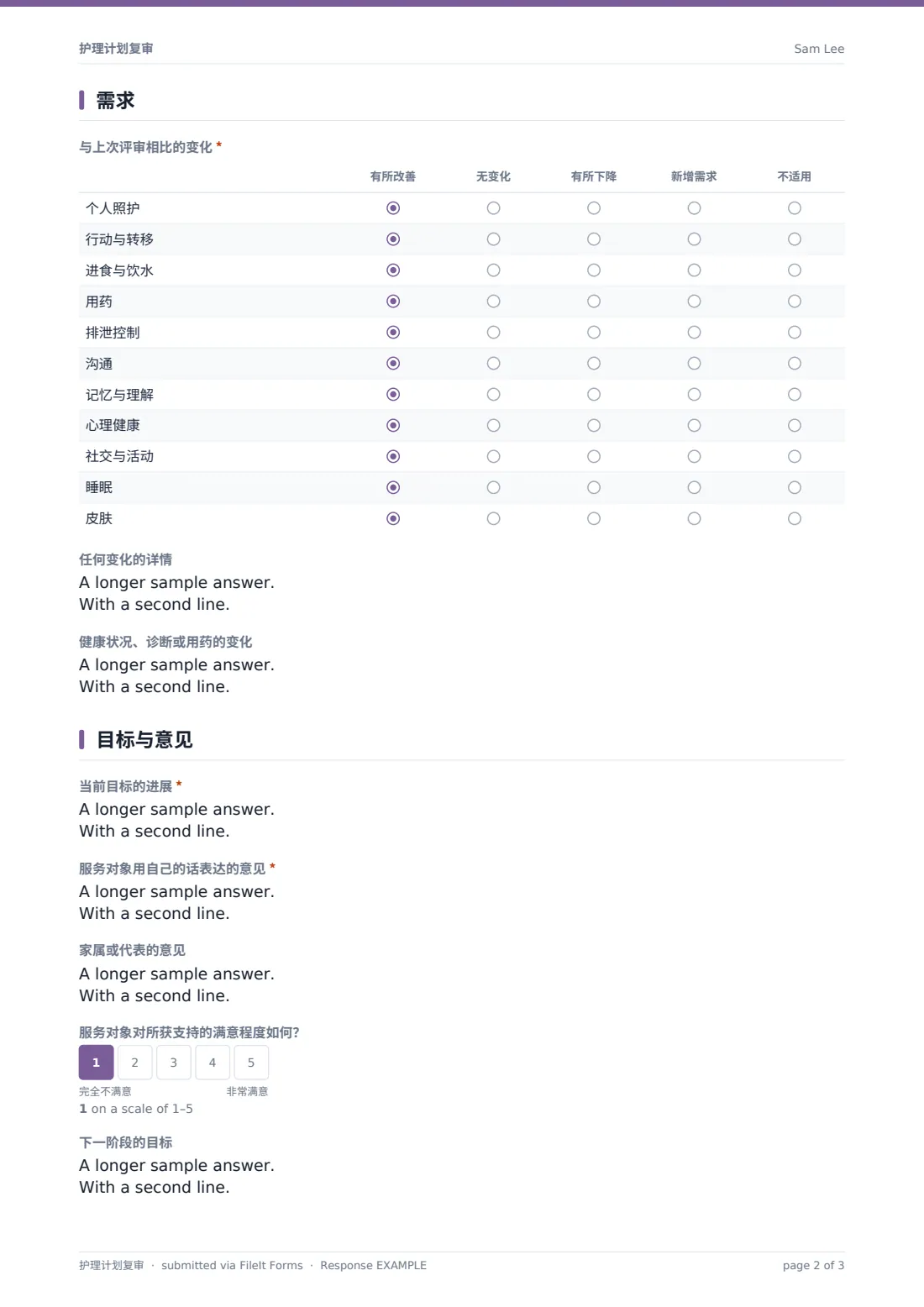 护理计划复审 — 示例回复 PDF，第 2 页，共 3 页
