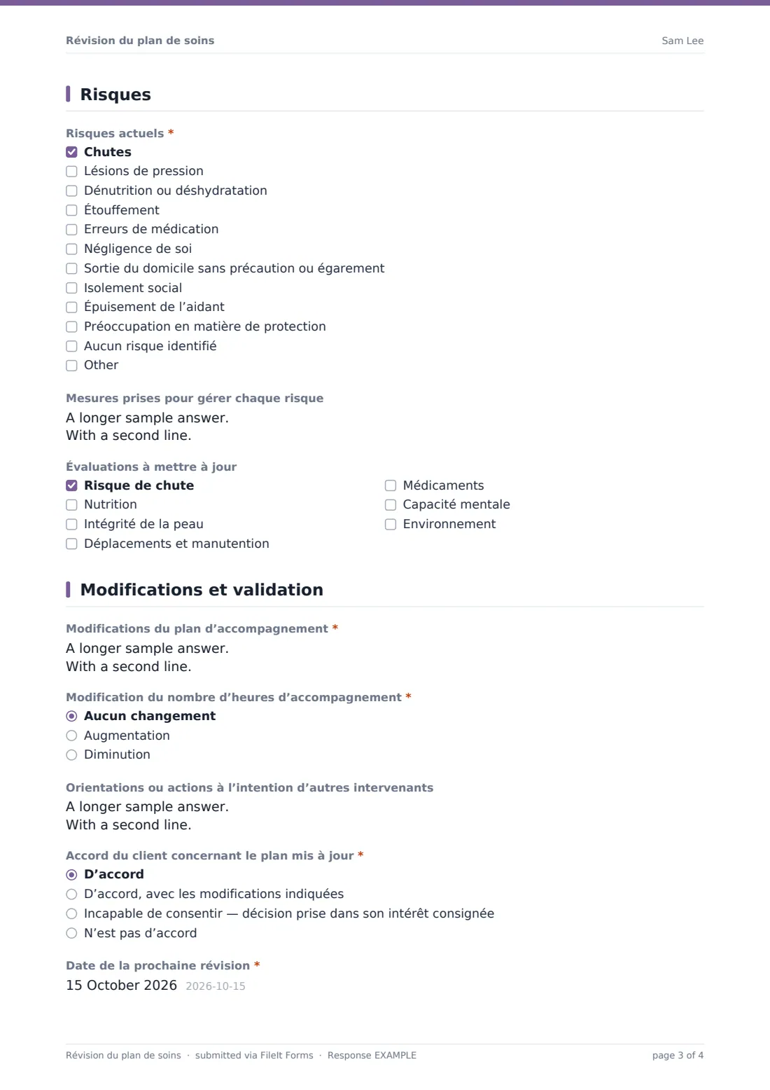 Révision du plan de soins — exemple de réponse au format PDF, page 3 sur 4