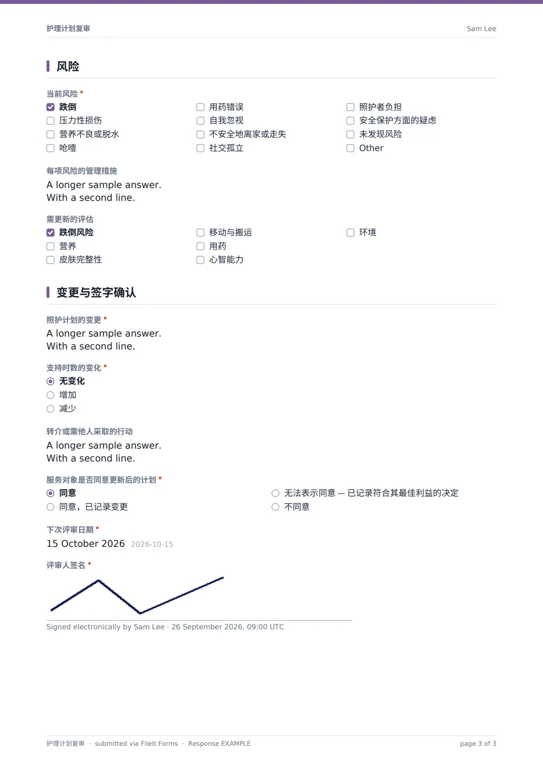 护理计划复审 — 示例回复 PDF，第 3 页，共 3 页