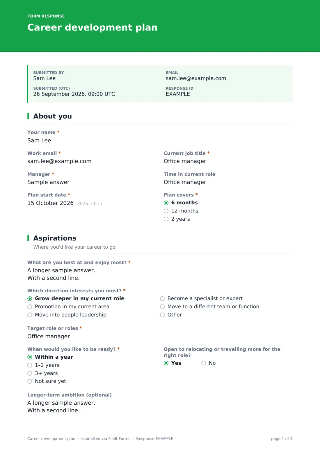 Career development plan — example response PDF, page 1 of 3