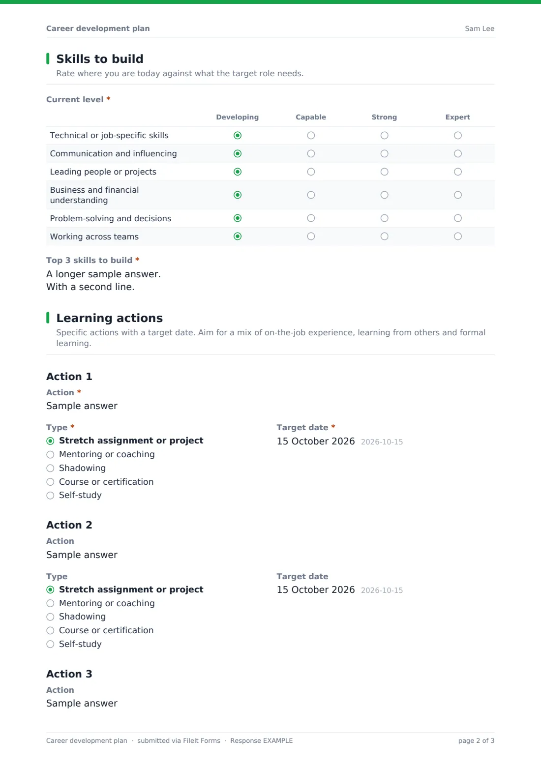Career development plan — example response PDF, page 2 of 3
