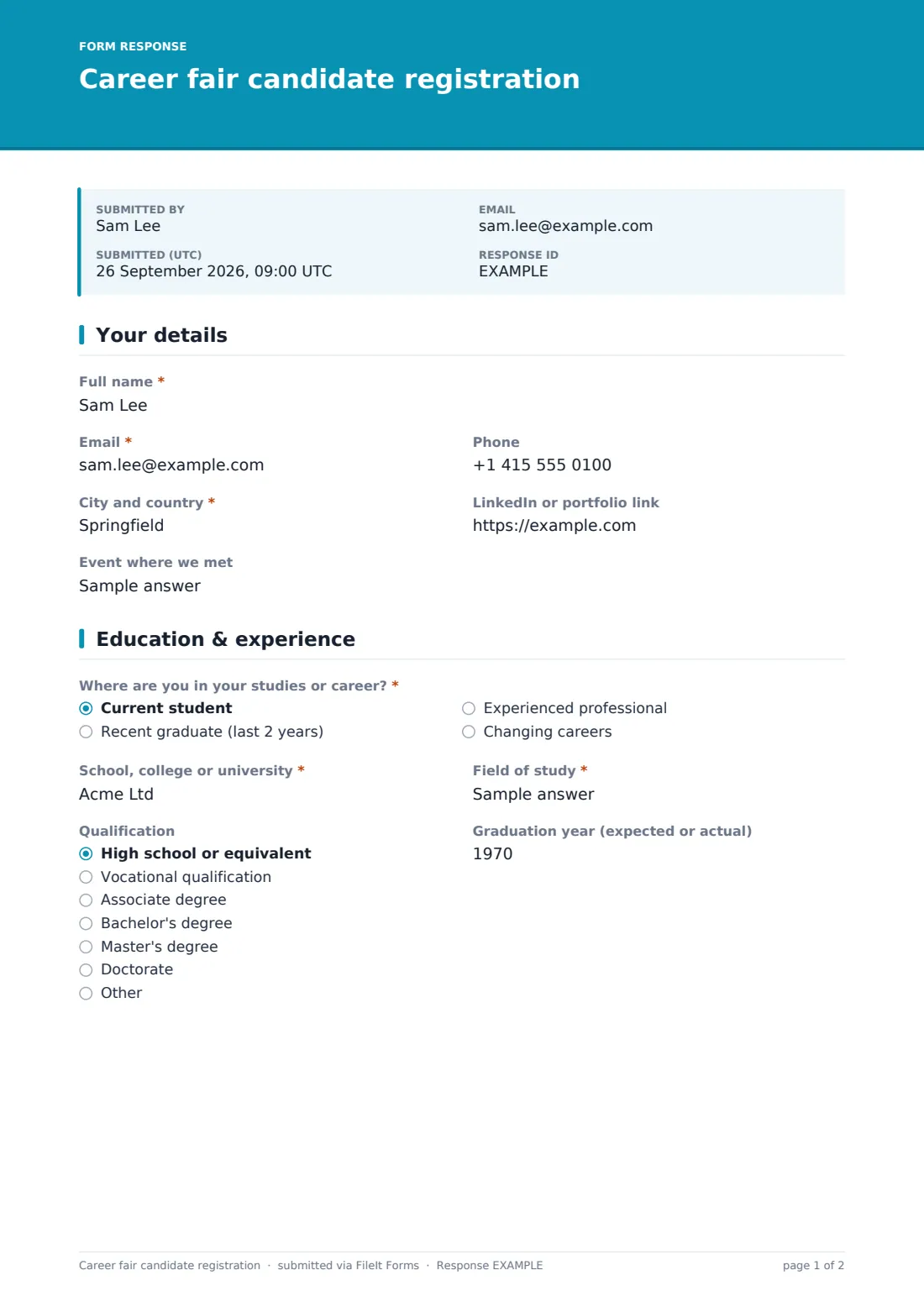 Career fair candidate registration — example response PDF, page 1 of 2