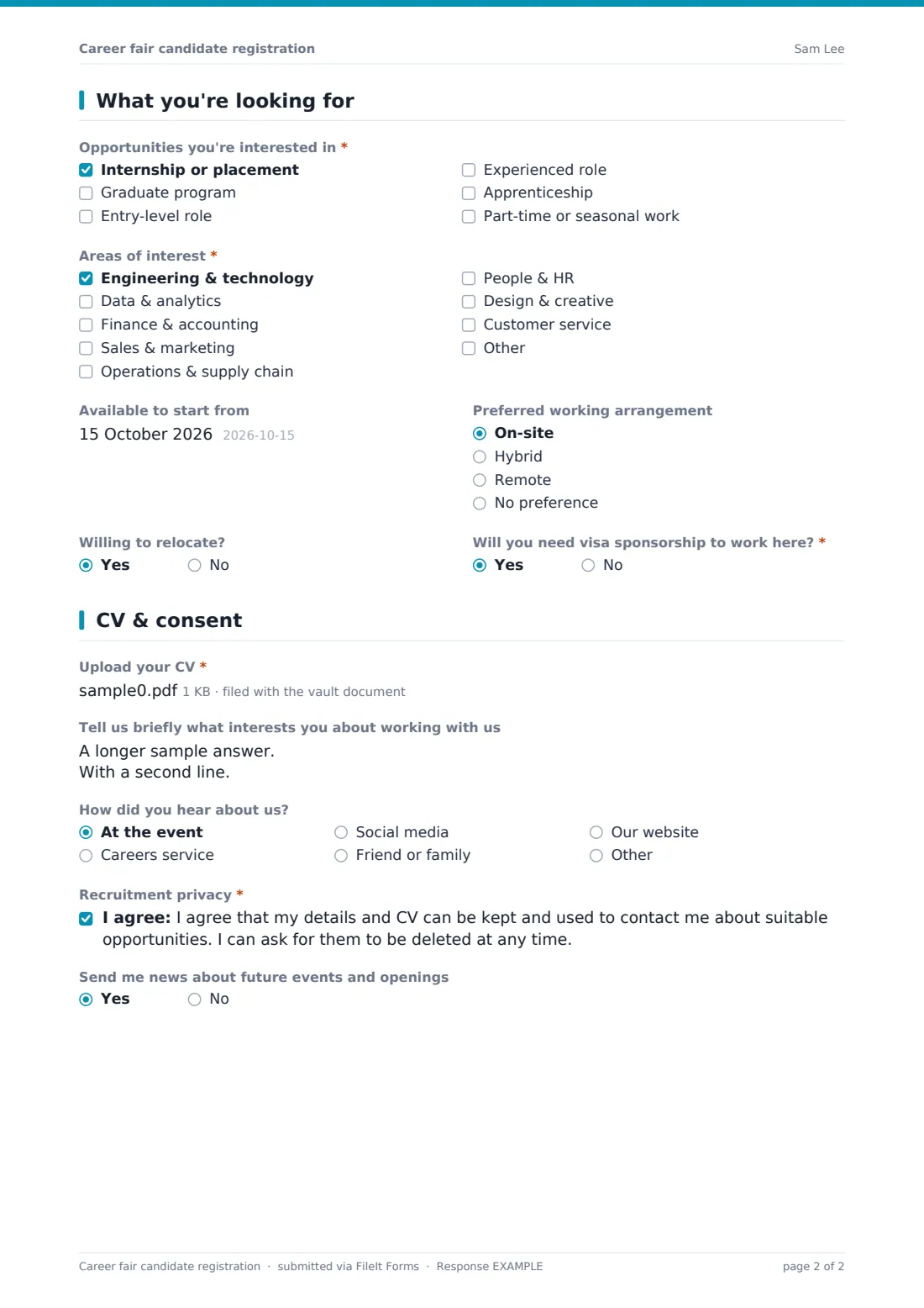Career fair candidate registration — example response PDF, page 2 of 2