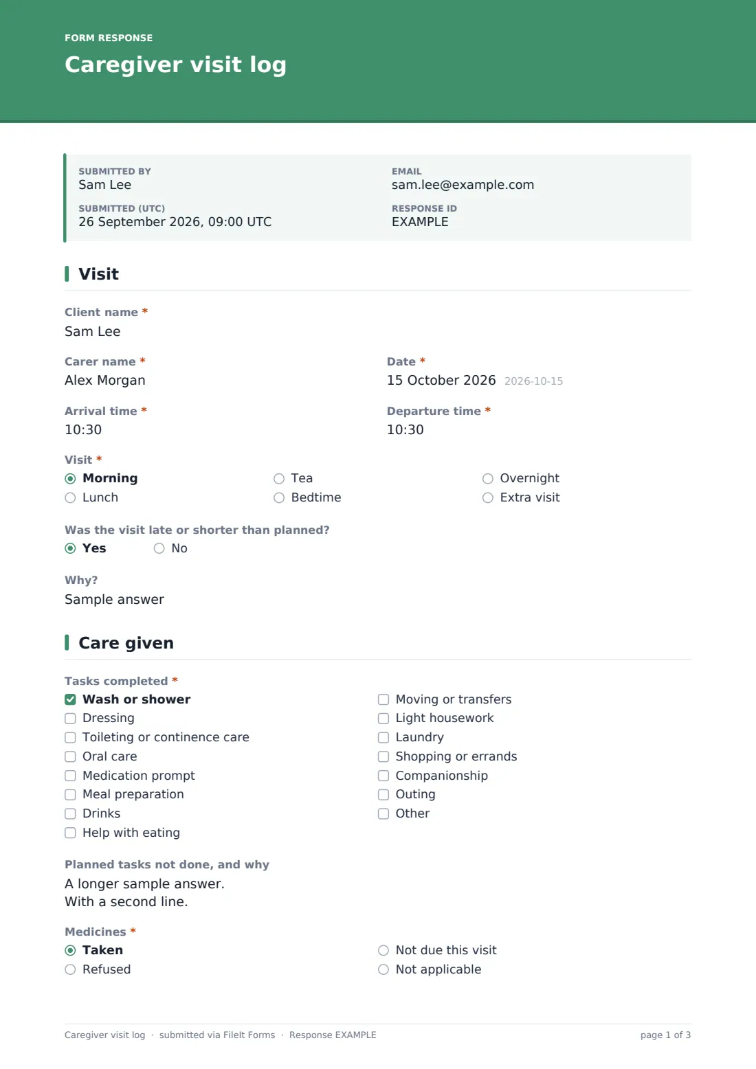 Caregiver visit log — example response PDF, page 1 of 3