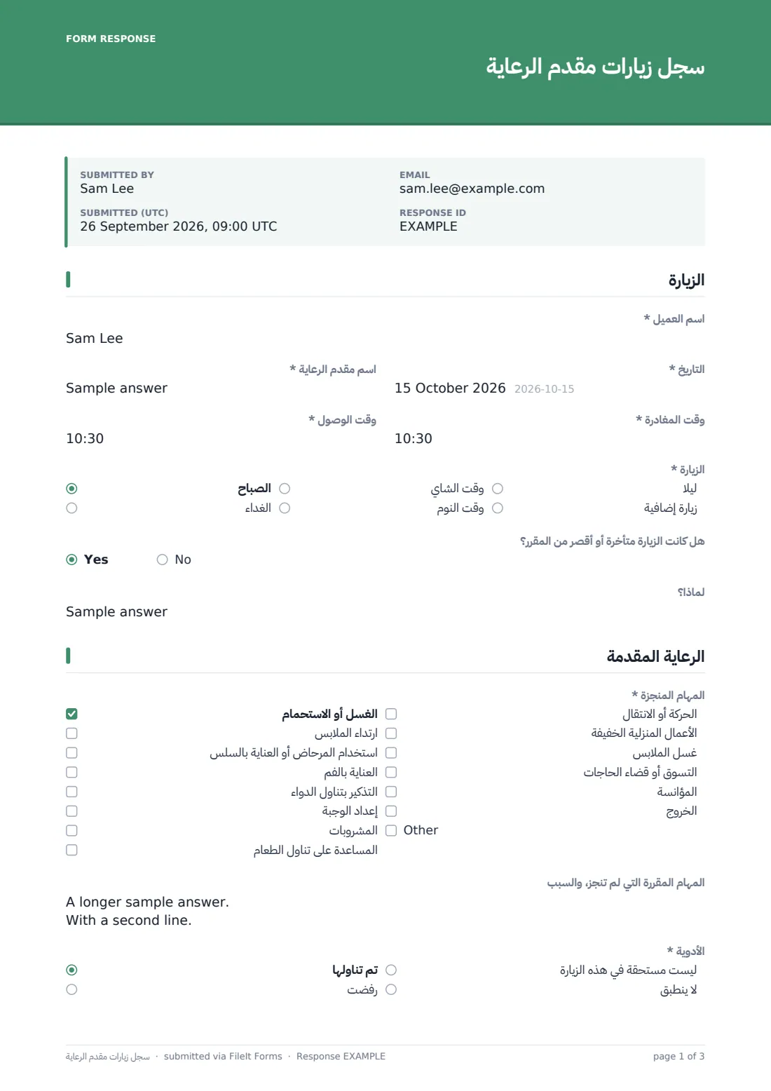 سجل زيارات مقدم الرعاية — ملف PDF لرد نموذجي، الصفحة 1 من 3