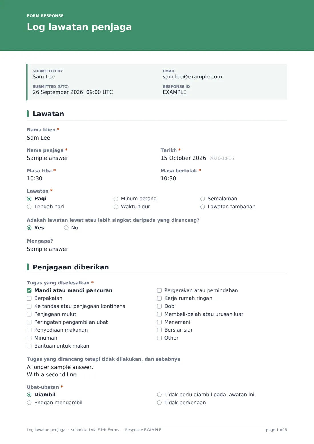 Log lawatan penjaga — PDF respons contoh, halaman 1 daripada 3