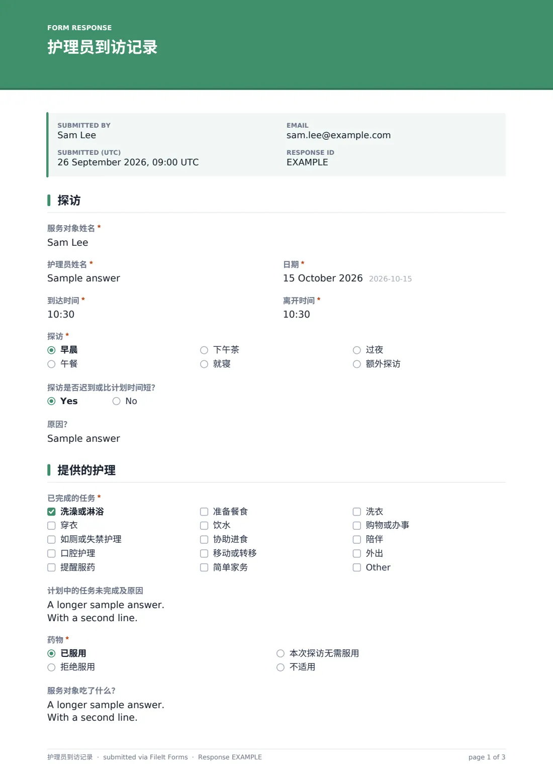 护理员到访记录 — 示例回复 PDF，第 1 页，共 3 页