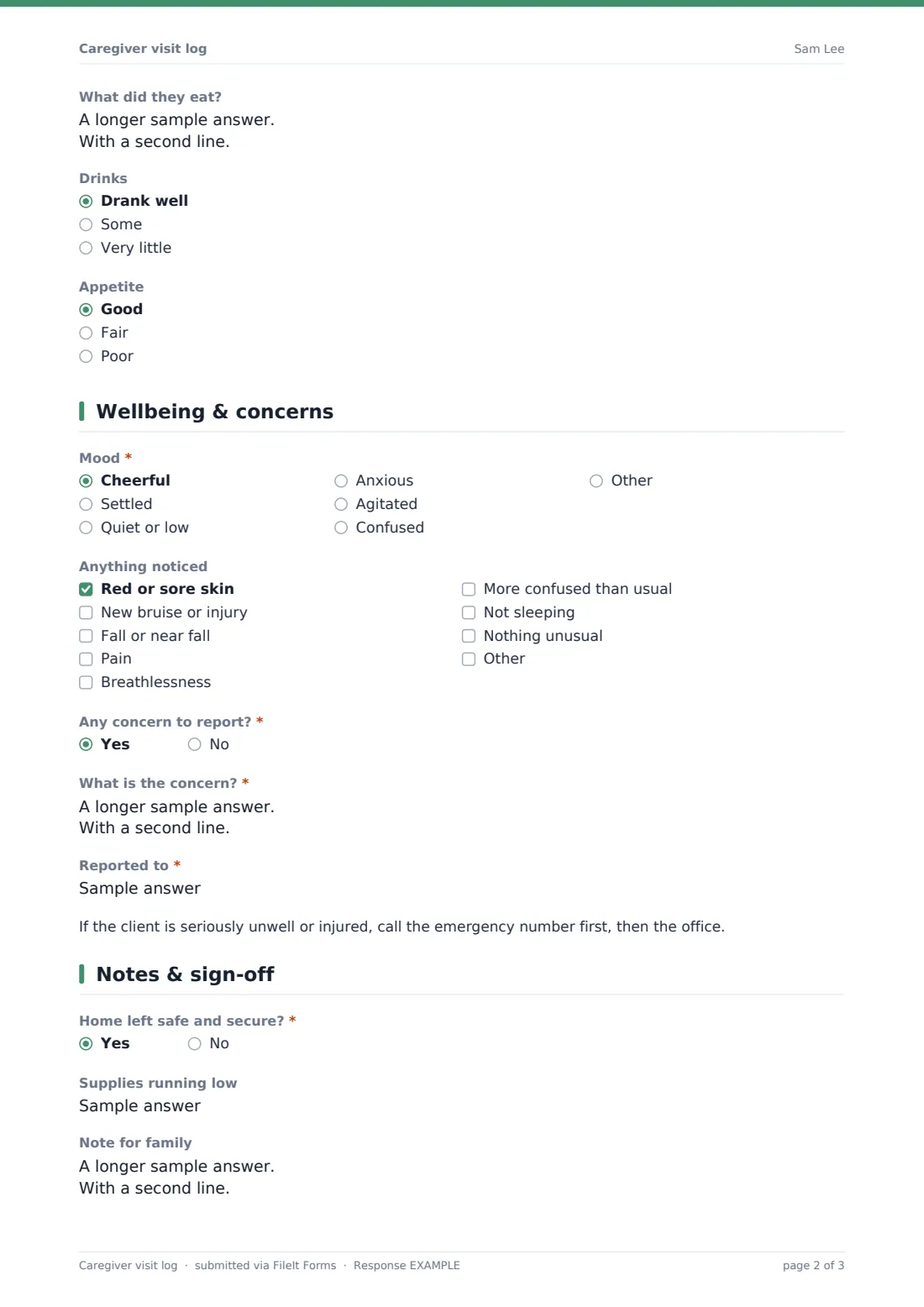 Caregiver visit log — example response PDF, page 2 of 3