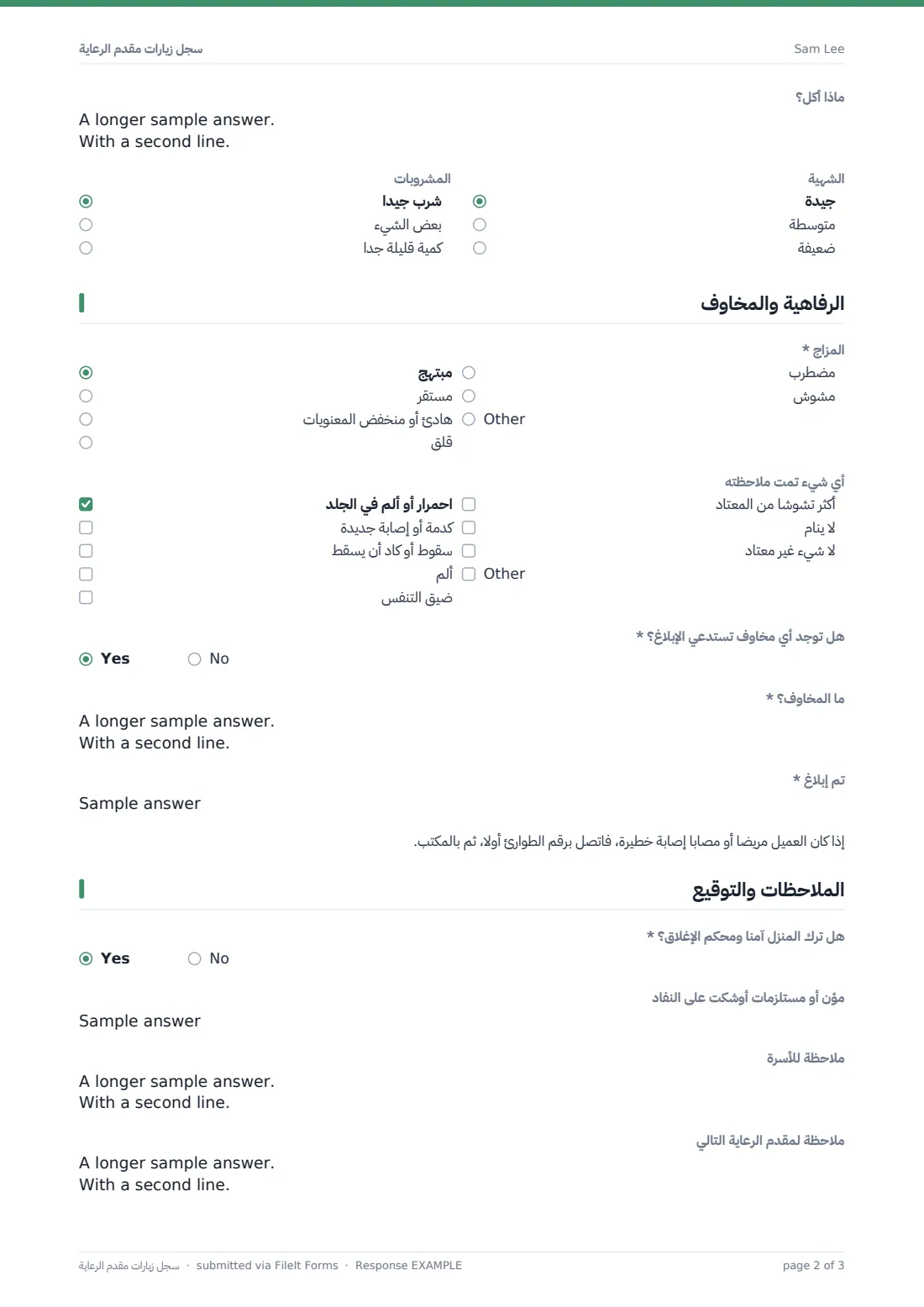 سجل زيارات مقدم الرعاية — ملف PDF لرد نموذجي، الصفحة 2 من 3